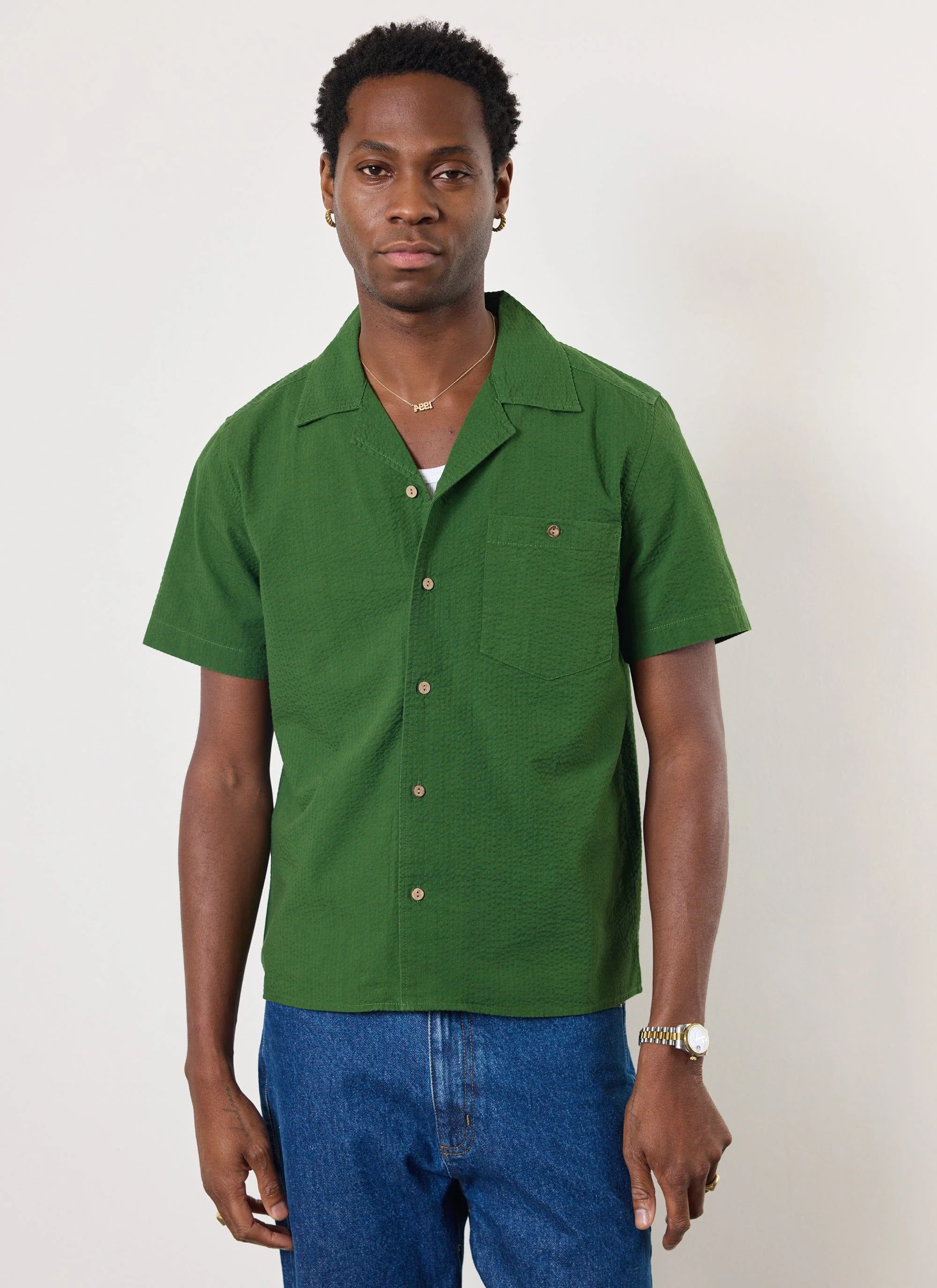 1266-cuban-shirt-seersucker-forest-1.webp Cuban Shirt | Seersucker | Forest