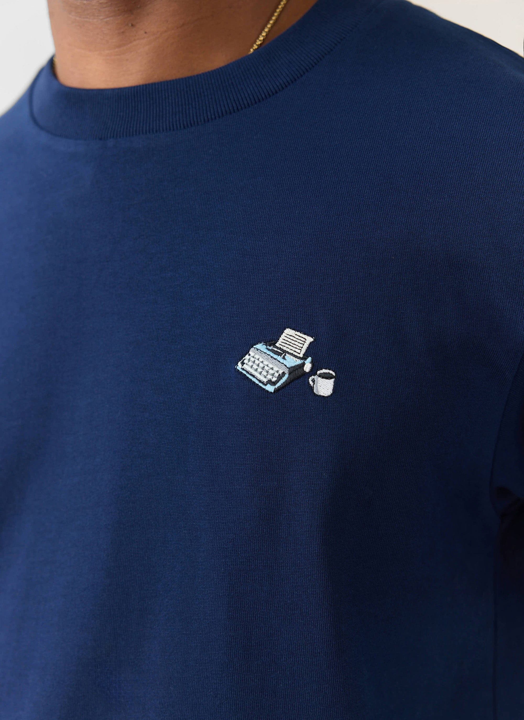 1359-typewriter-embroidered-t-shirt-organic-cotton-navy-1.jpg Typewriter Embroidered T Shirt | Organic Cotton | Navy