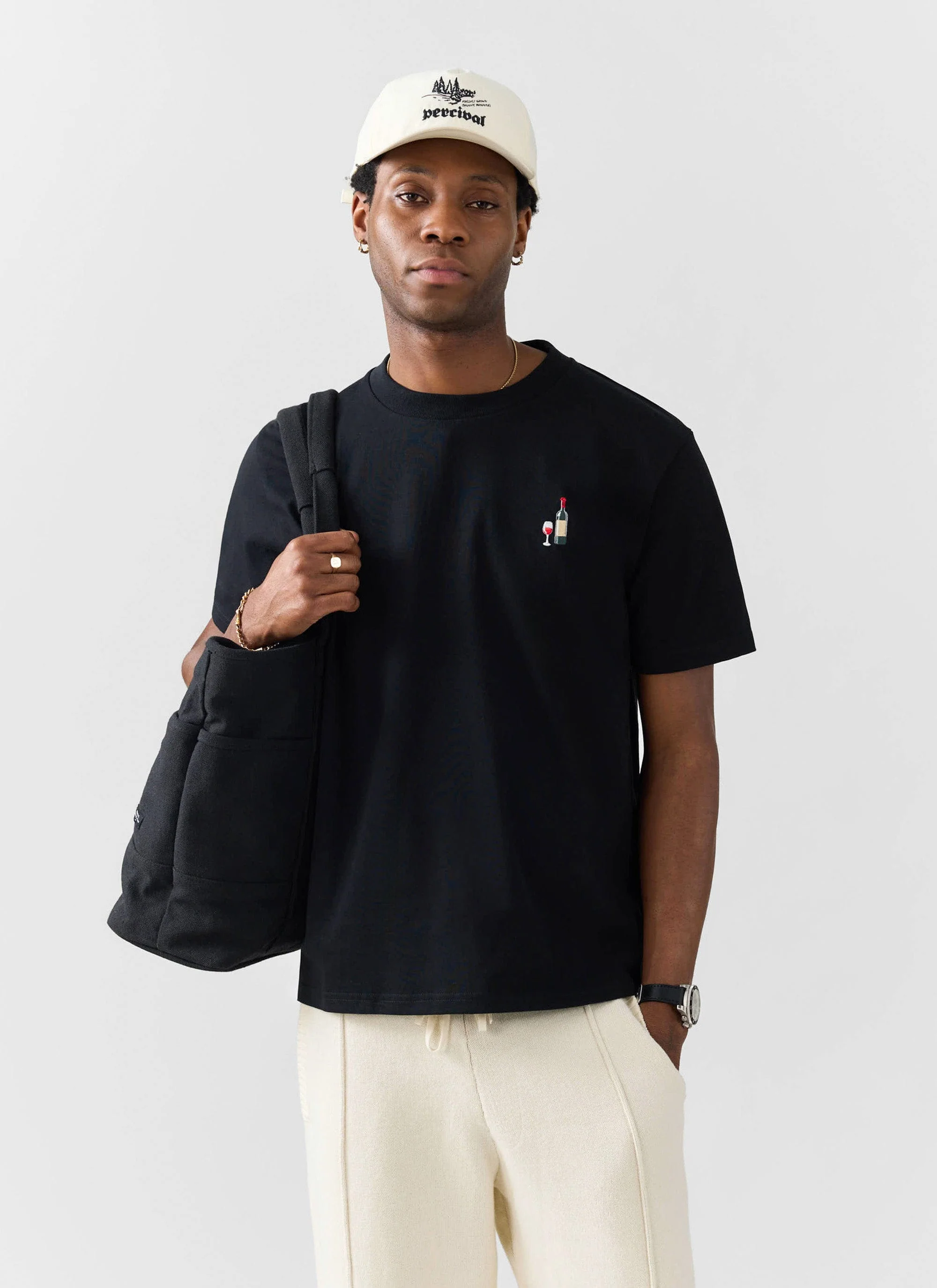 Red Wine Embroidered T Shirt | Organic Cotton | Black