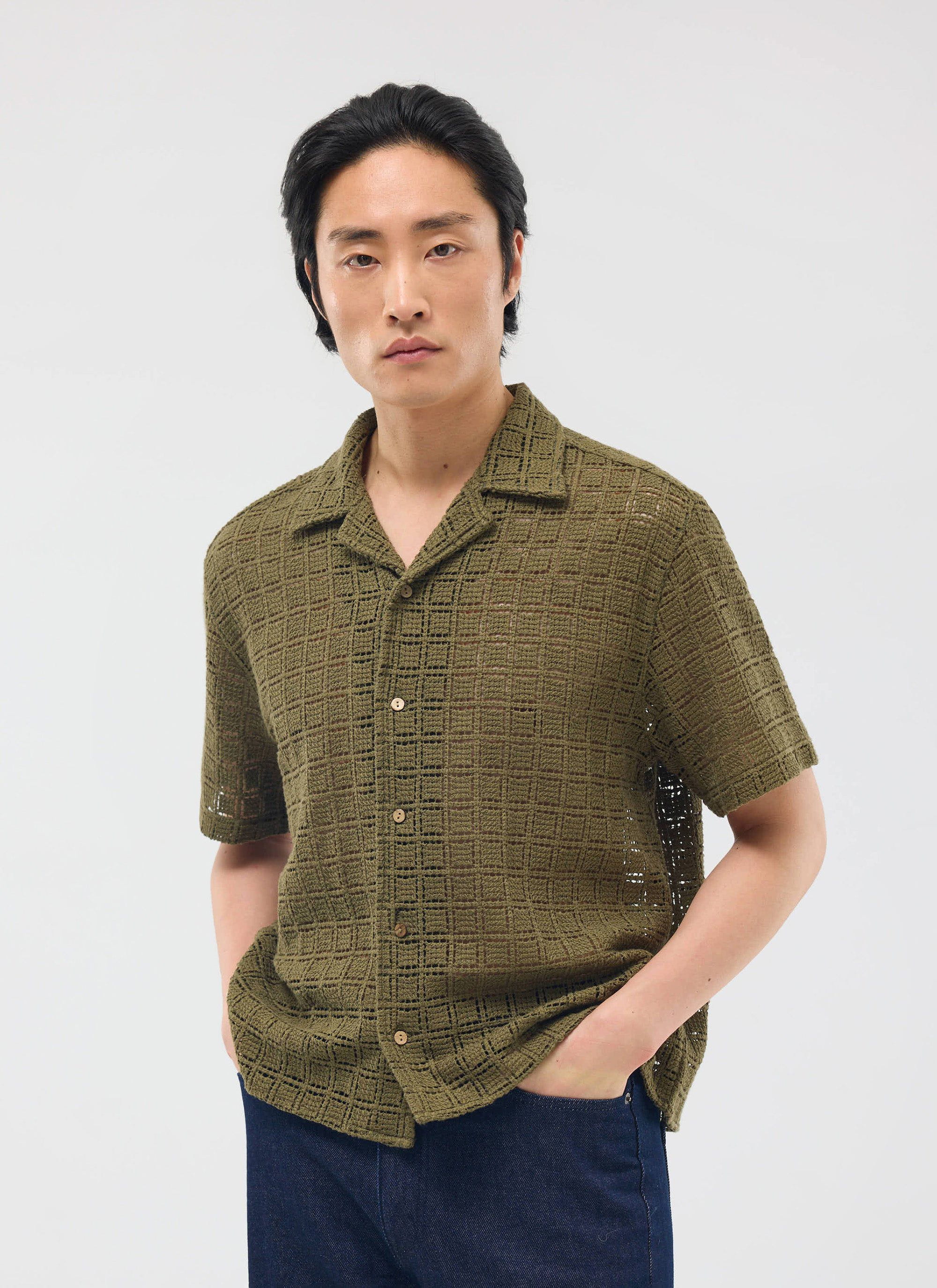 1400-palermo-crochet-cuban-shirt-cotton-olive-green-1.jpg Palermo Crochet Cuban Shirt | Cotton | Olive Green