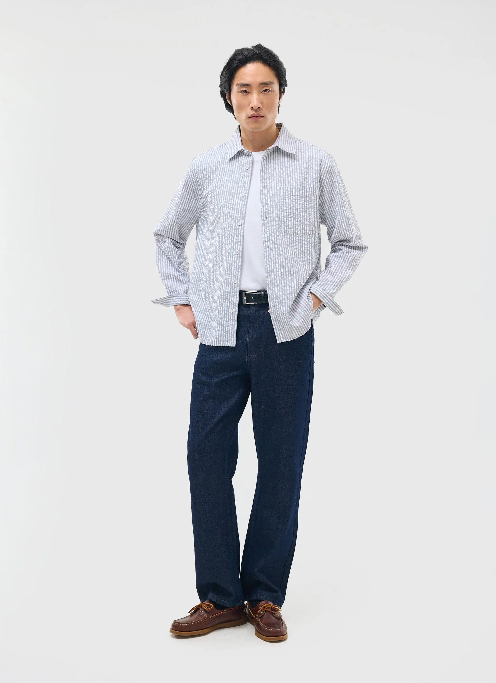 Seersucker Stripe Pearce Shirt | Cotton | Grey