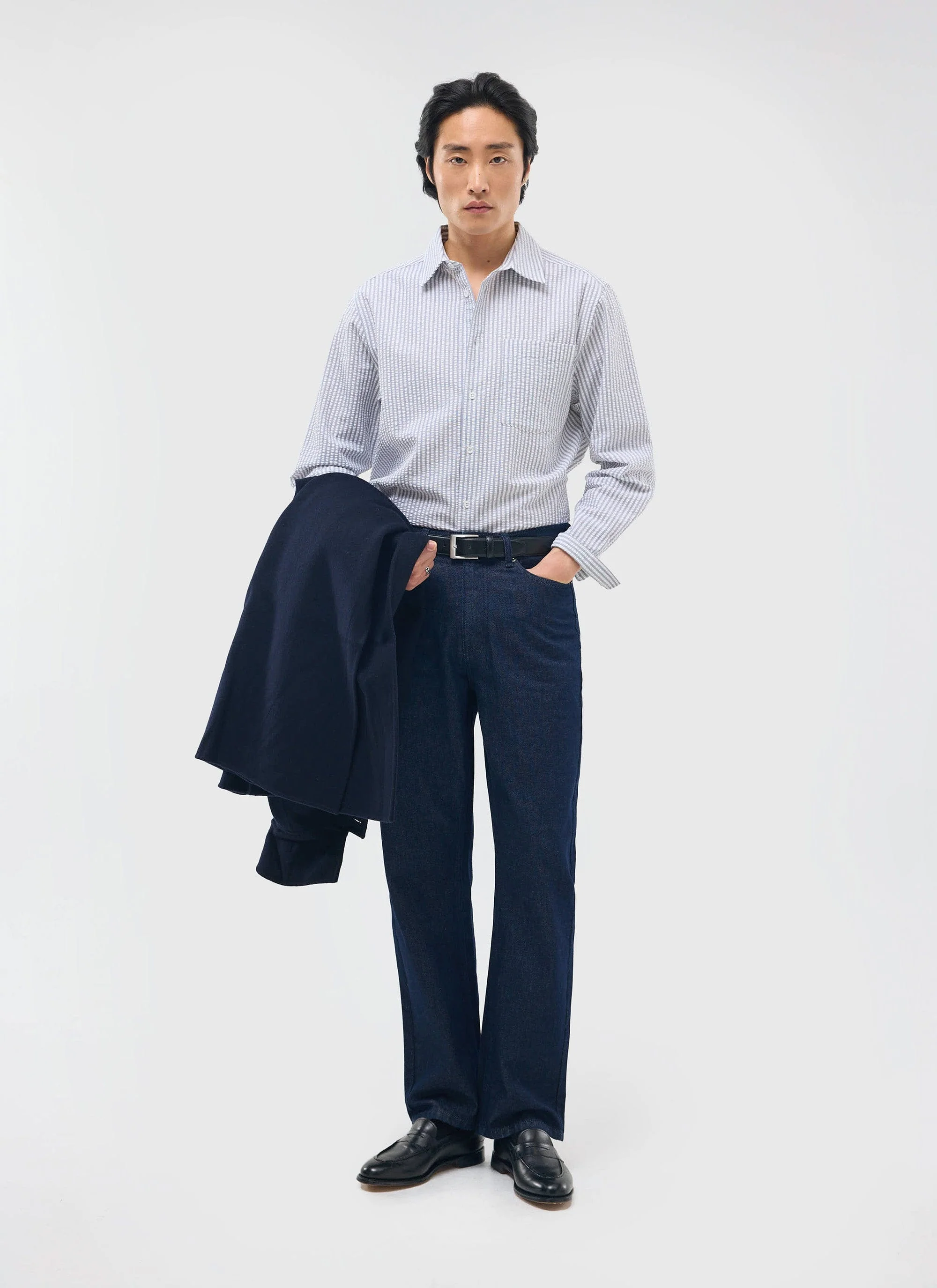 Seersucker Stripe Pearce Shirt | Cotton | Grey