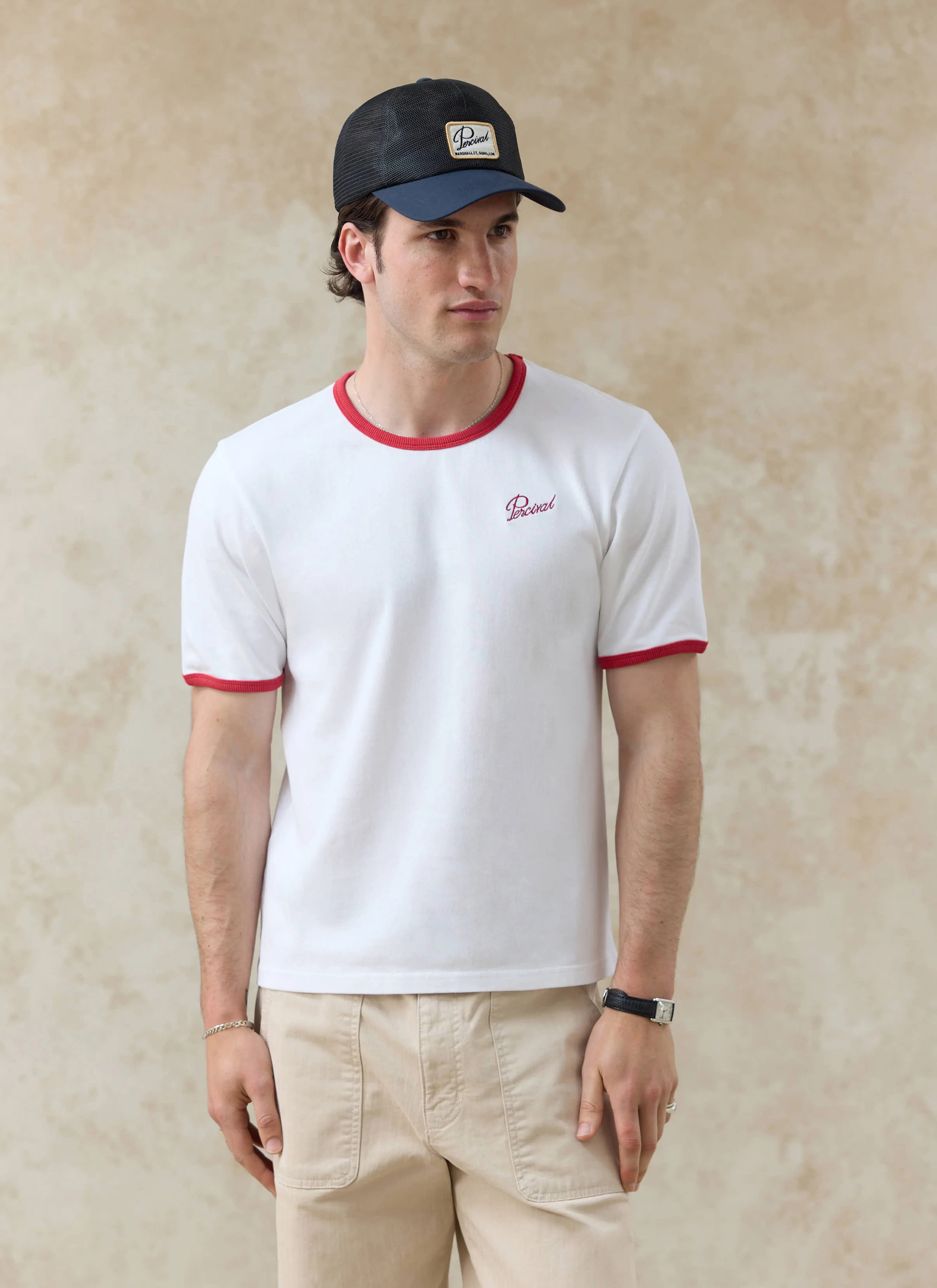 Ringer Slim Fit T Shirt | Organic Cotton | White with Red