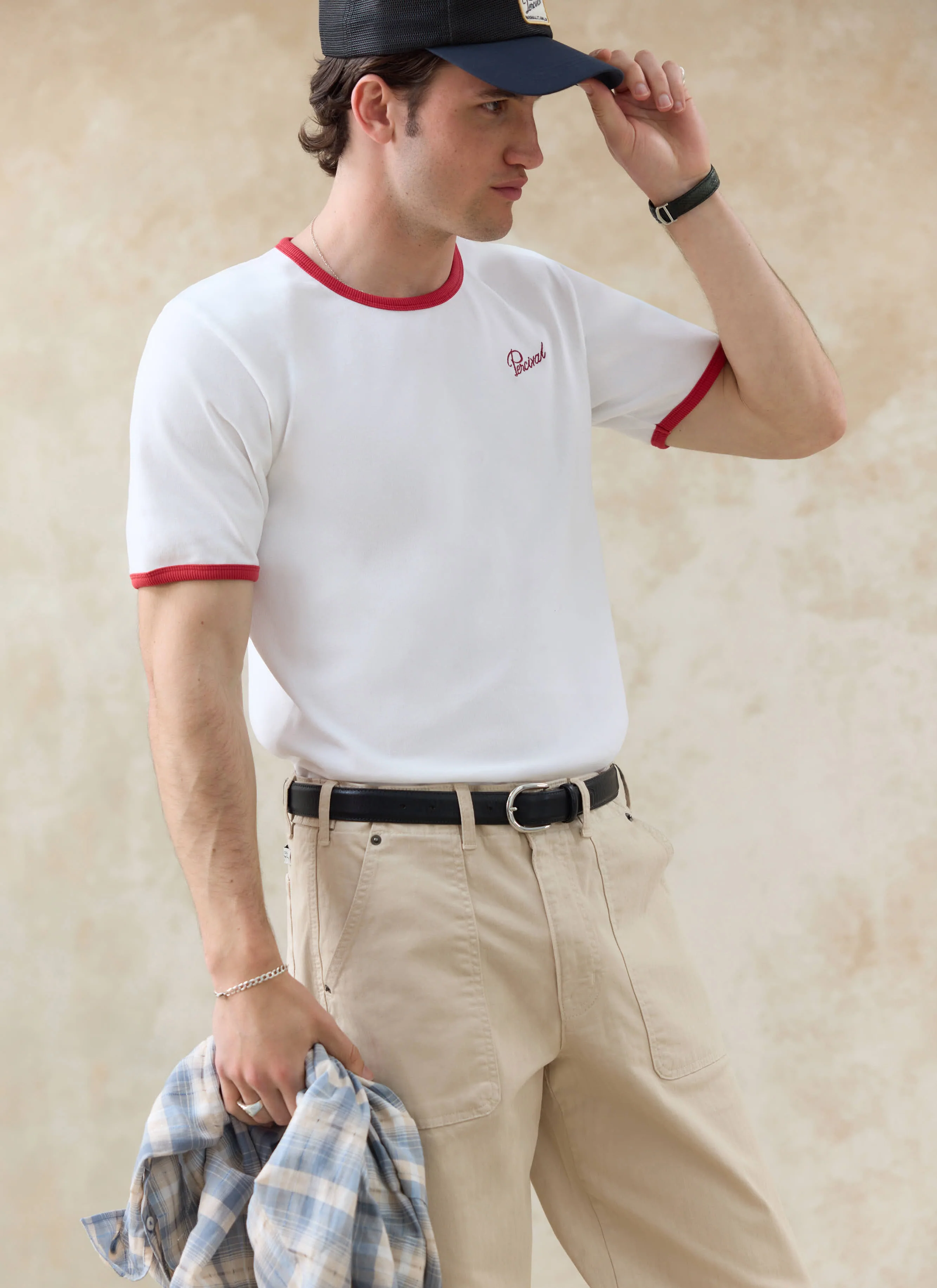 Ringer Slim Fit T Shirt | Organic Cotton | White with Red