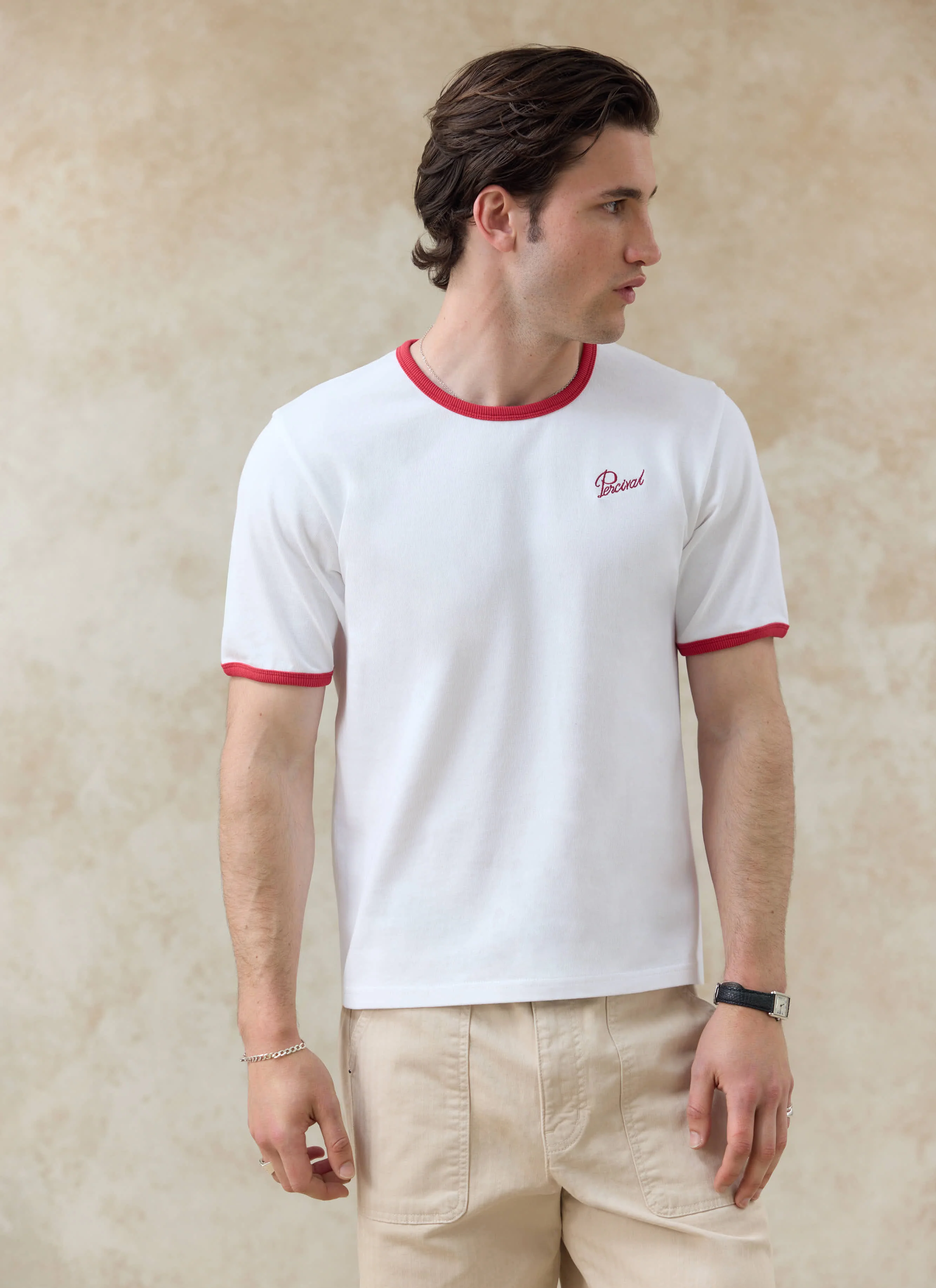 Ringer Slim Fit T Shirt | Organic Cotton | White with Red