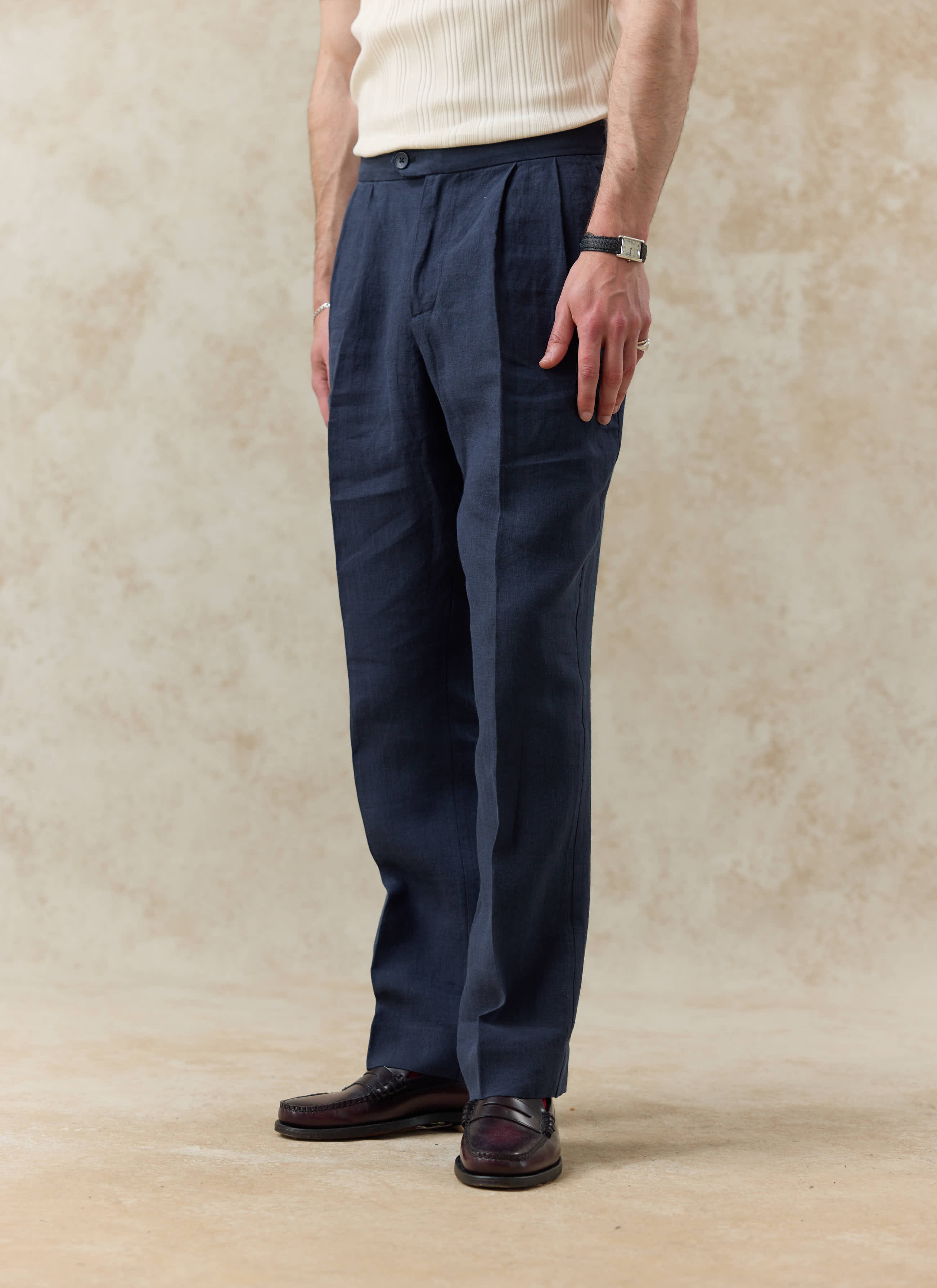 Pleated Tailored Trousers | Linen | Navy