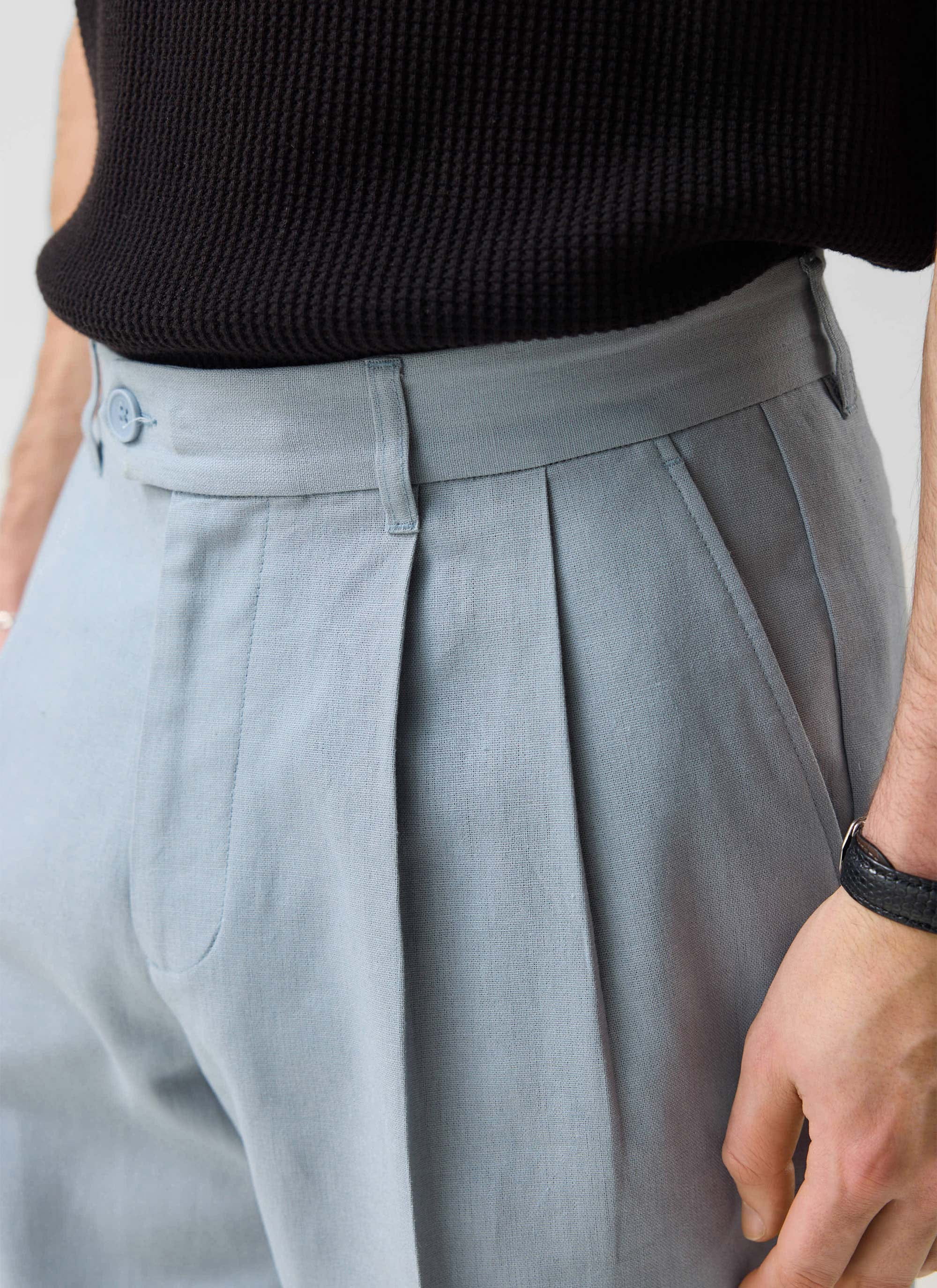 1931-pleated-tailored-trousers-linen-light-blue-2.jpg Pleated Tailored Trousers | Linen | Light Blue