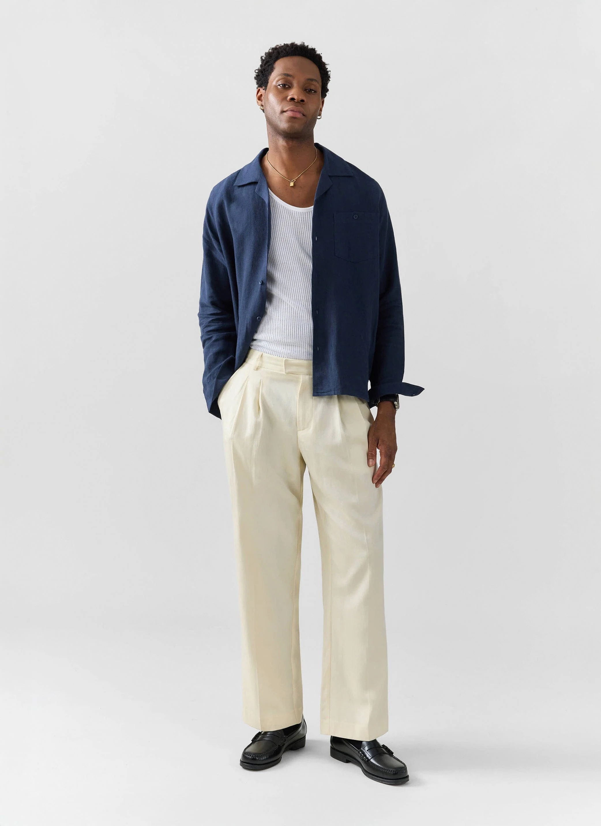 Long Sleeve Cuban Linen Shirt | Navy