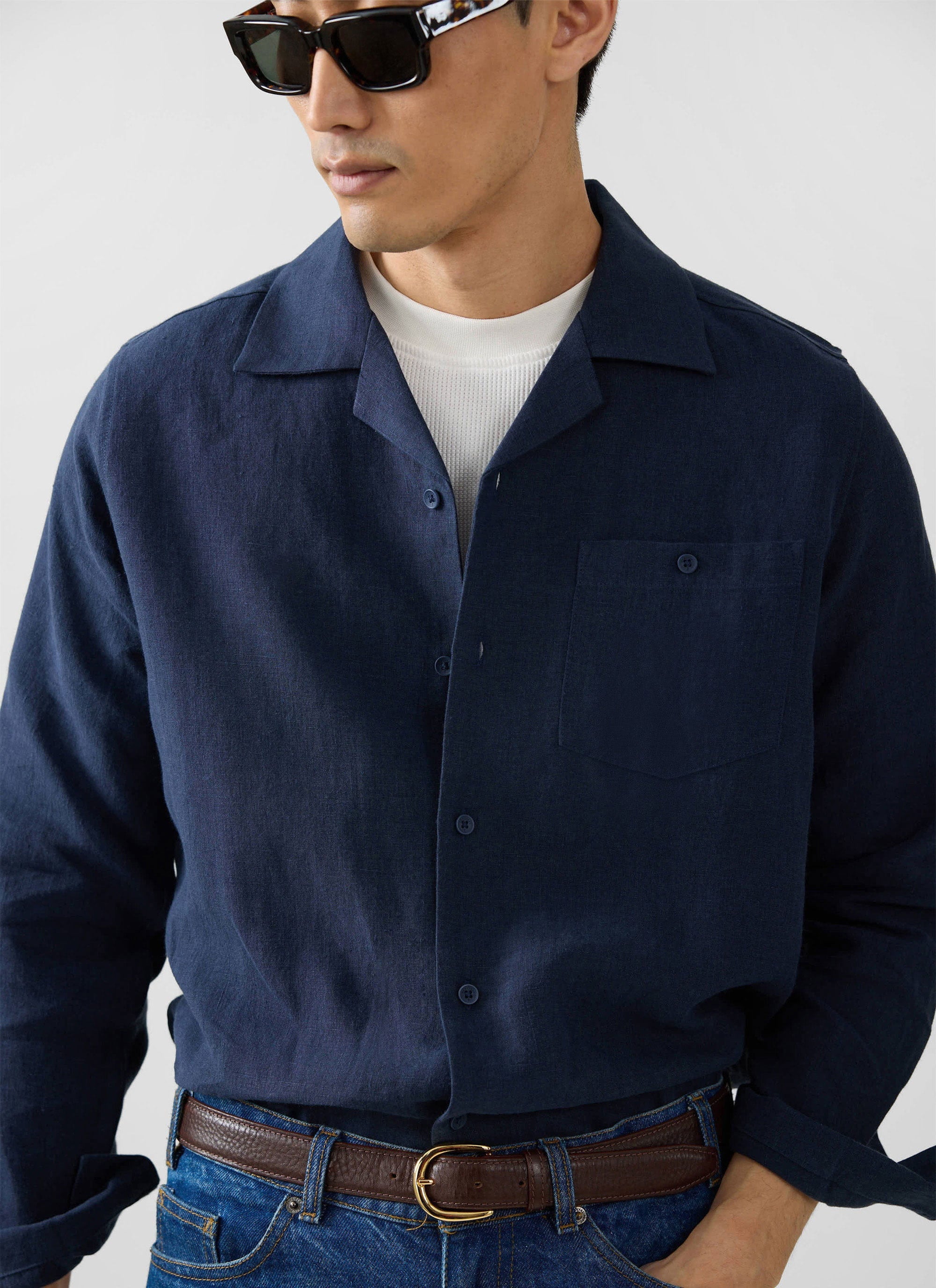 Long Sleeve Cuban Linen Shirt | Navy