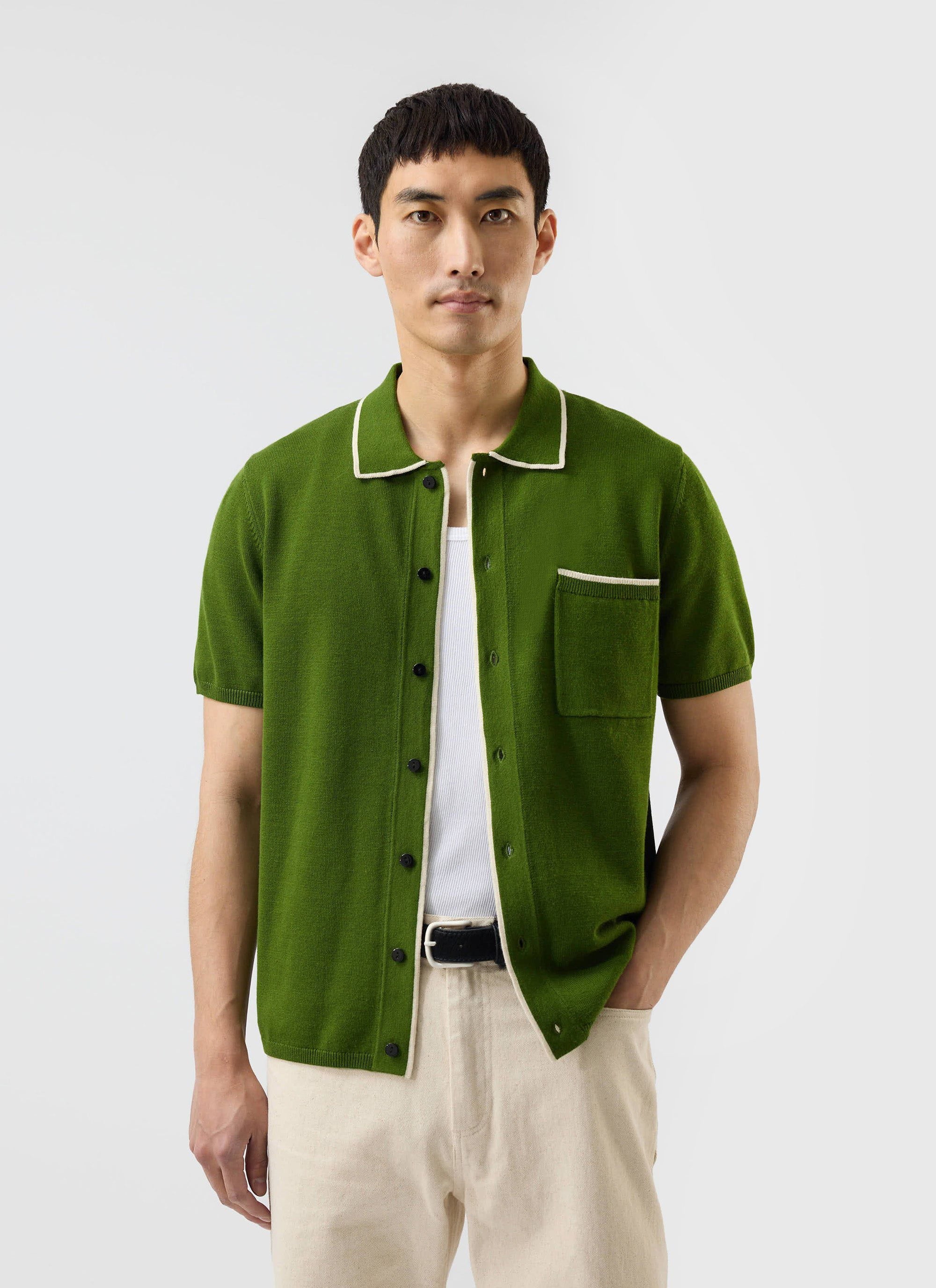 2704-contrast-trim-shirt-wool-forest-with-cream-1.jpg Contrast Trim Shirt | Wool | Forest with Cream