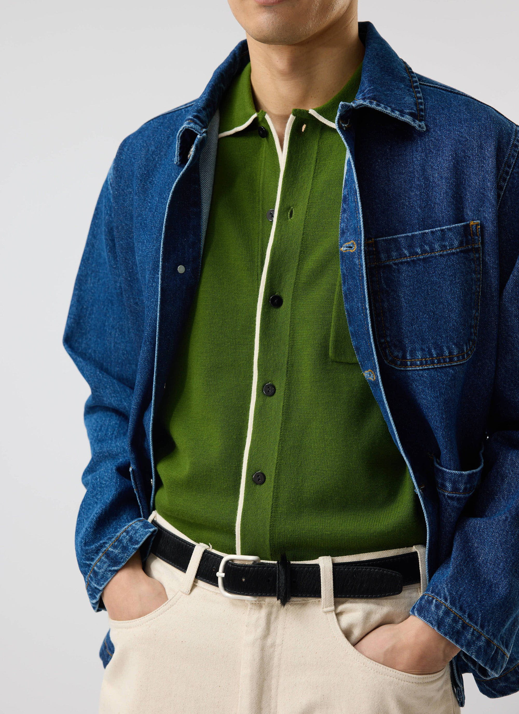 Contrast Trim Shirt | Wool | Forest with Cream