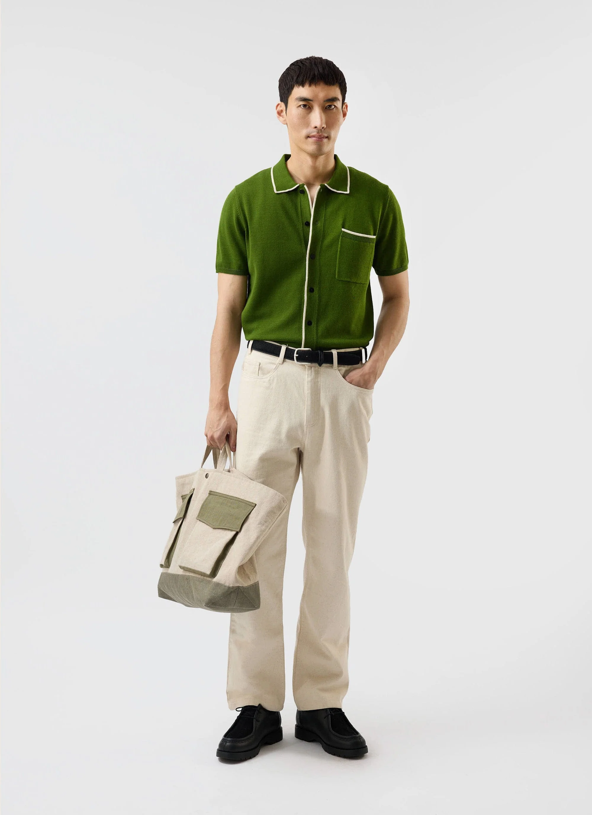 Contrast Trim Shirt | Wool | Forest with Cream