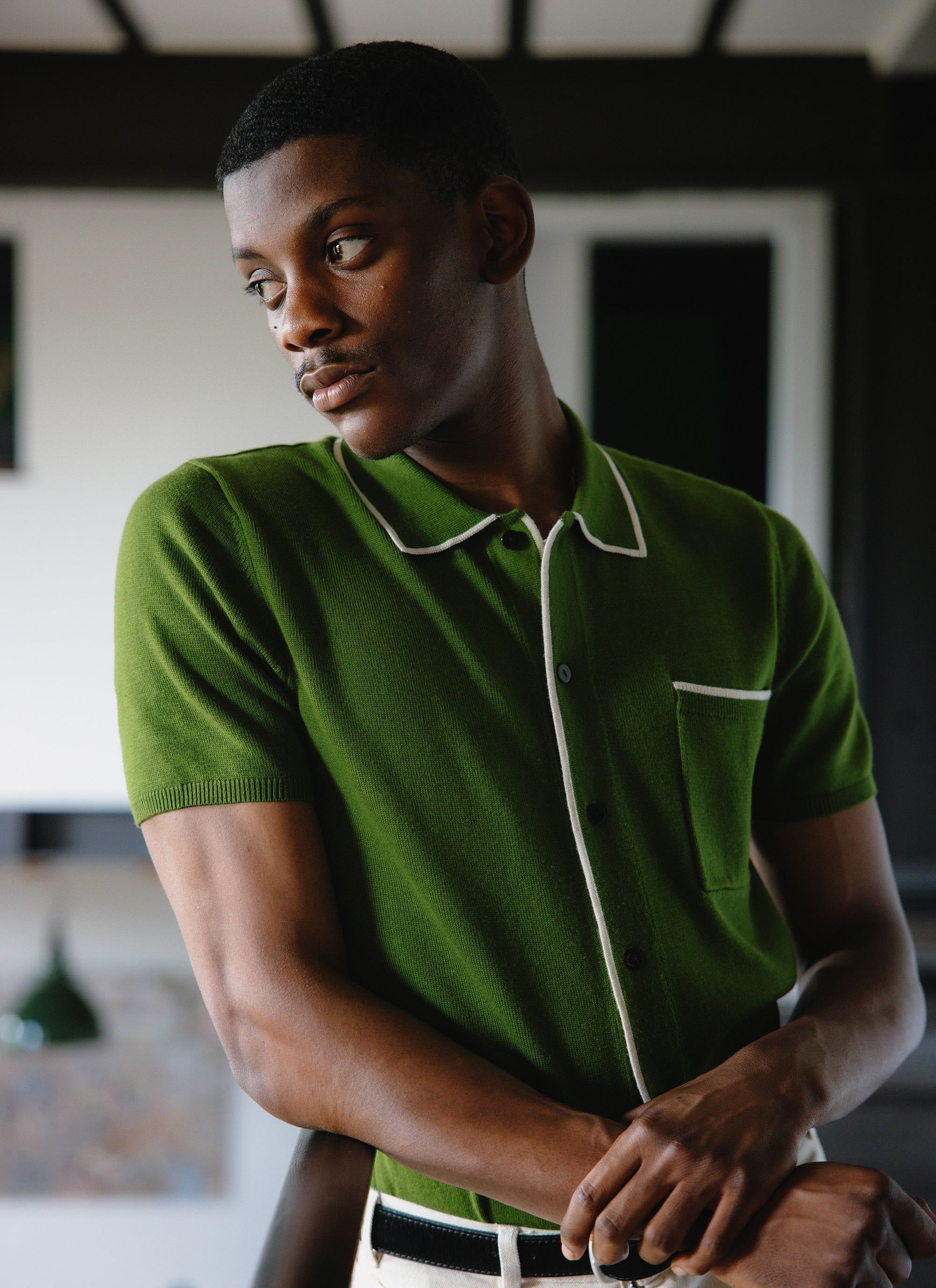 Contrast Trim Shirt | Wool | Forest with Cream