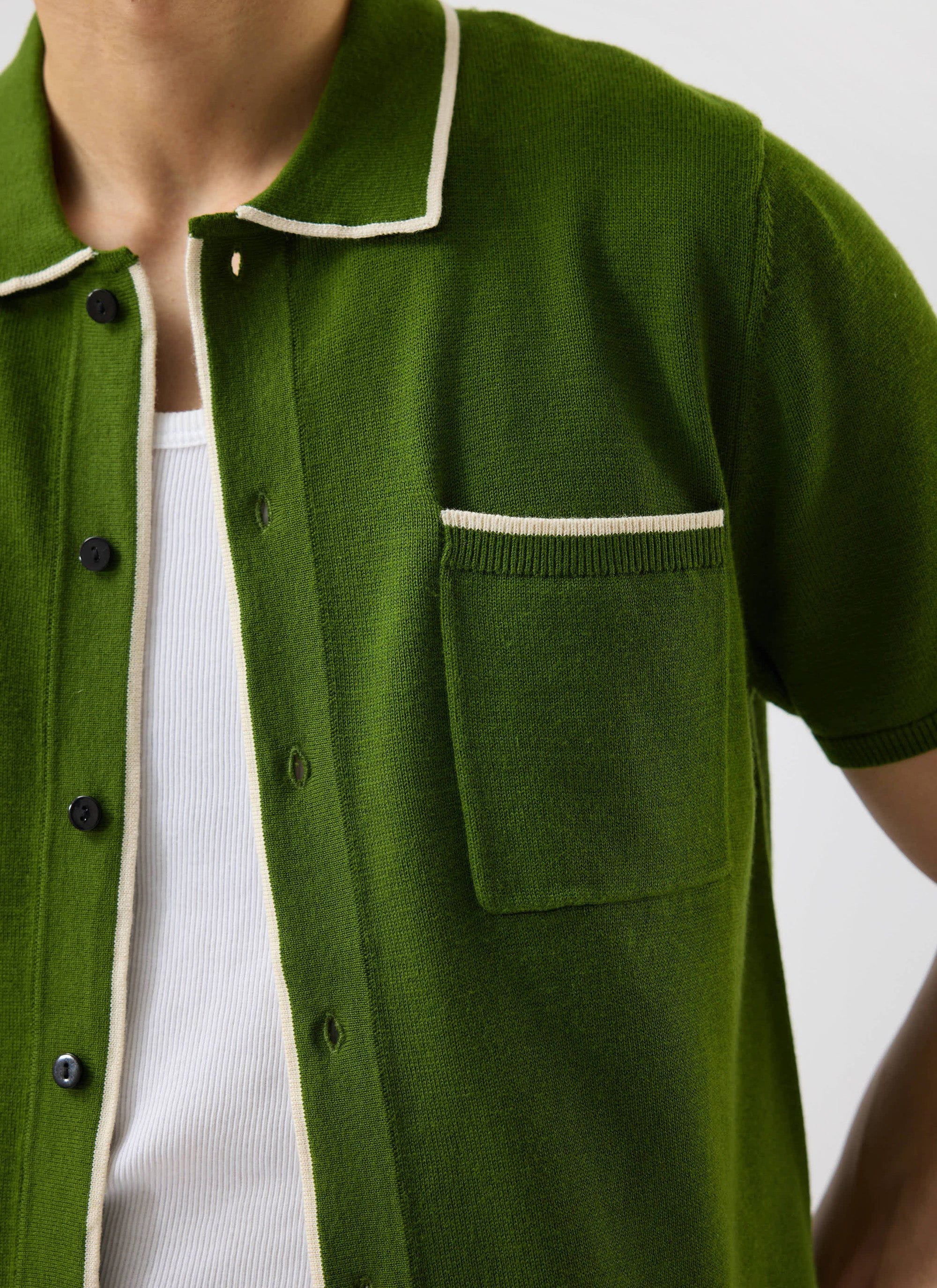 Contrast Trim Shirt | Wool | Forest with Cream