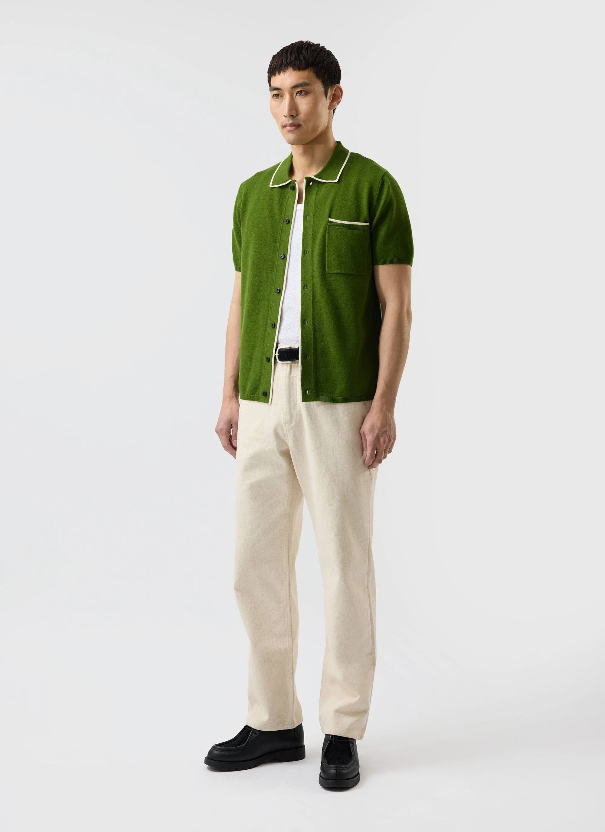 Contrast Trim Shirt | Wool | Forest with Cream