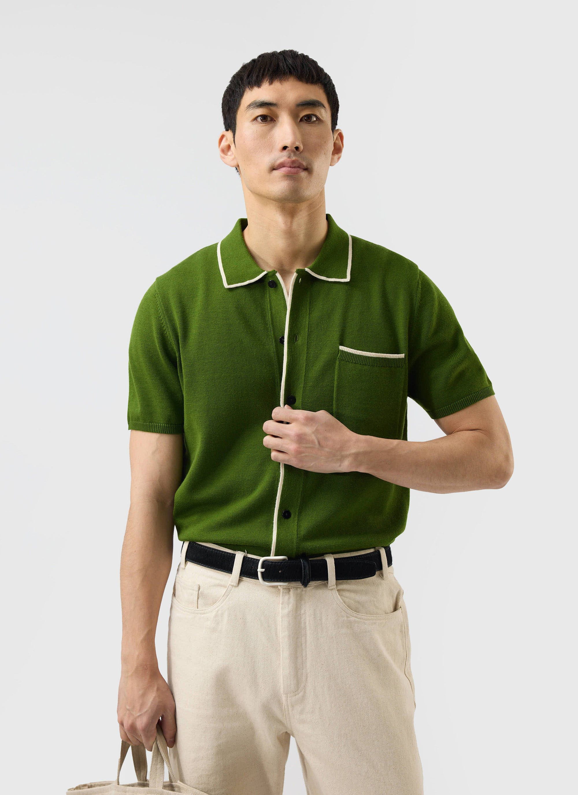 Contrast Trim Shirt | Wool | Forest with Cream