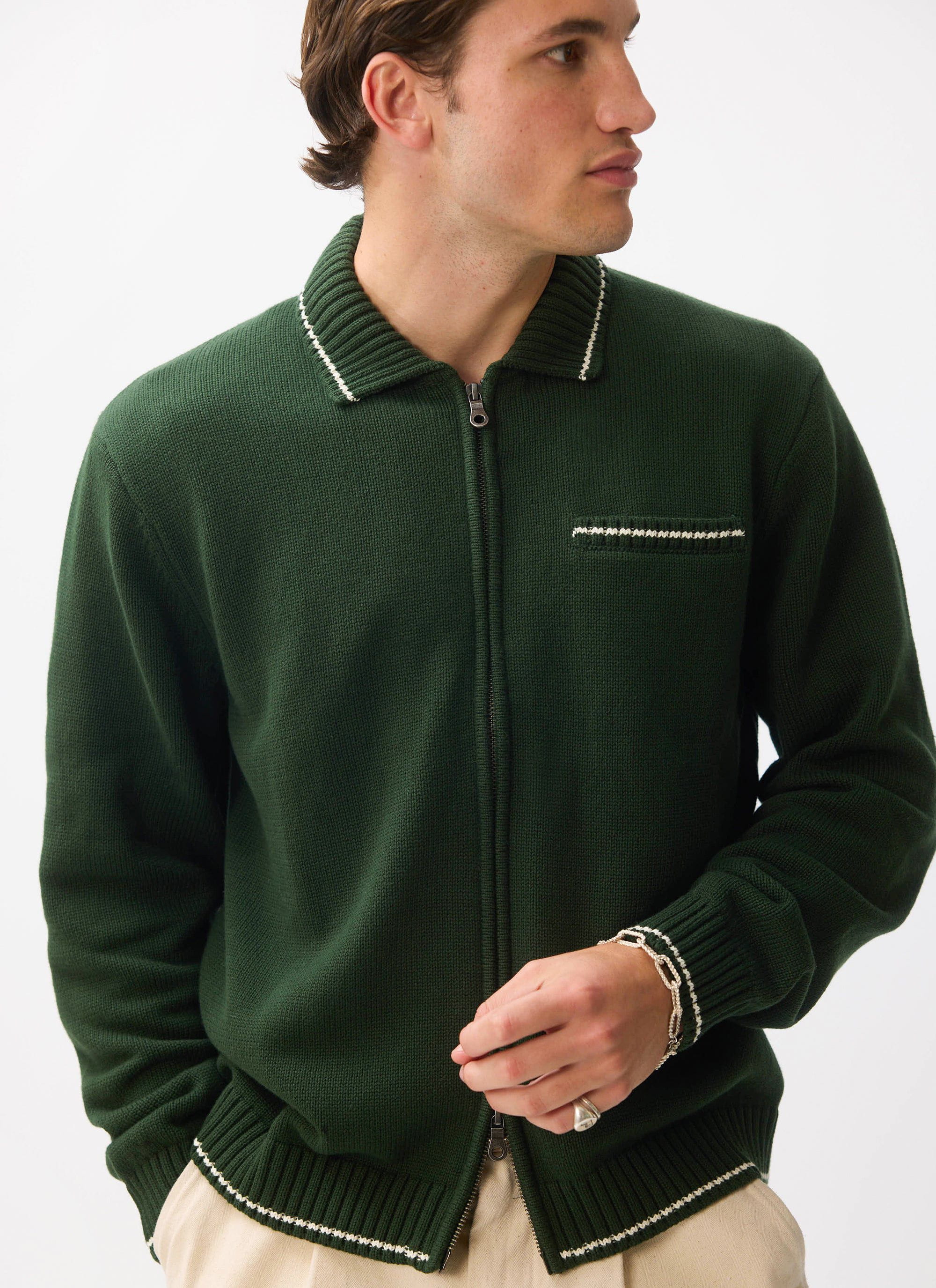 Gardner Dense Knitted Zip Cardigan | Cotton | Forest