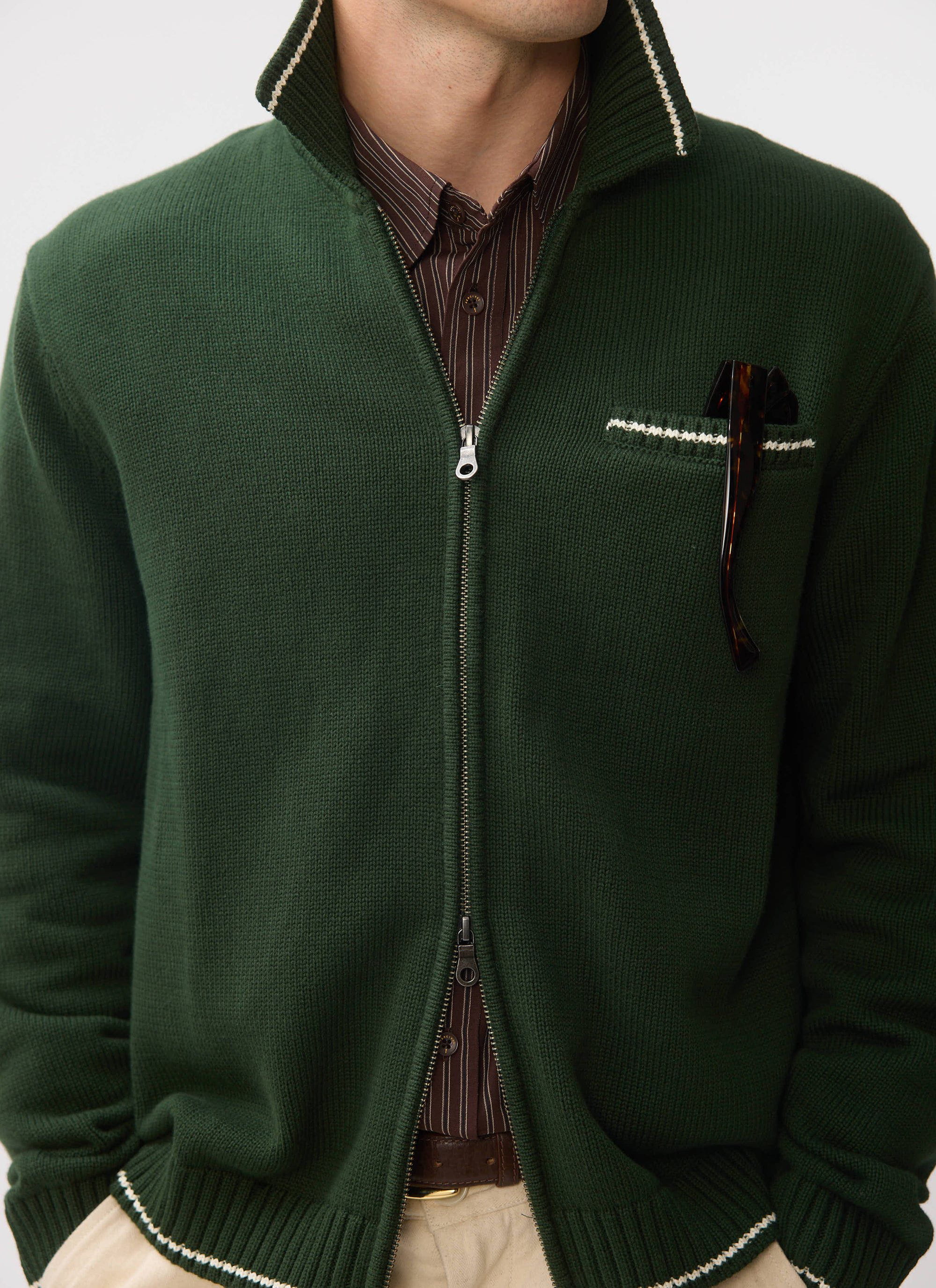 Gardner Dense Knitted Zip Cardigan | Cotton | Forest