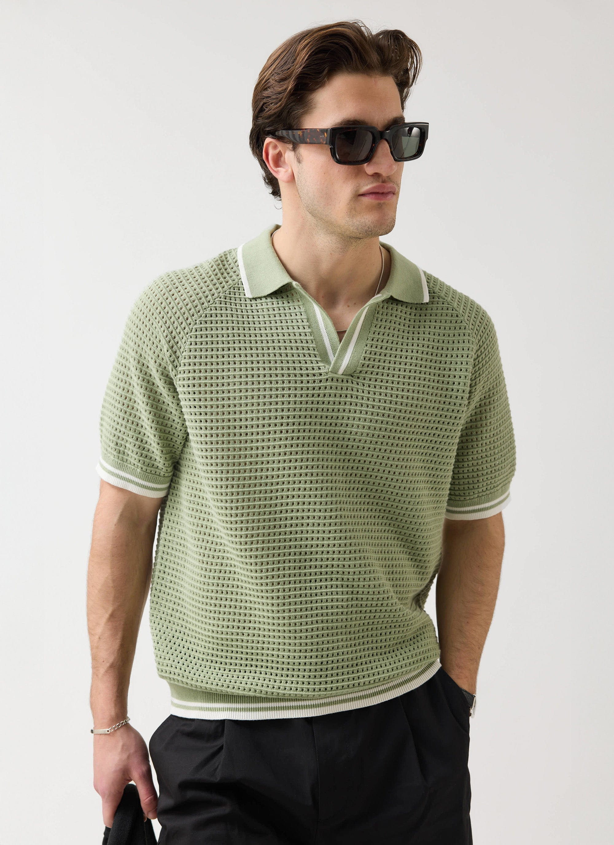 Tennis Boxy Knitted Polo | Cotton | Sage