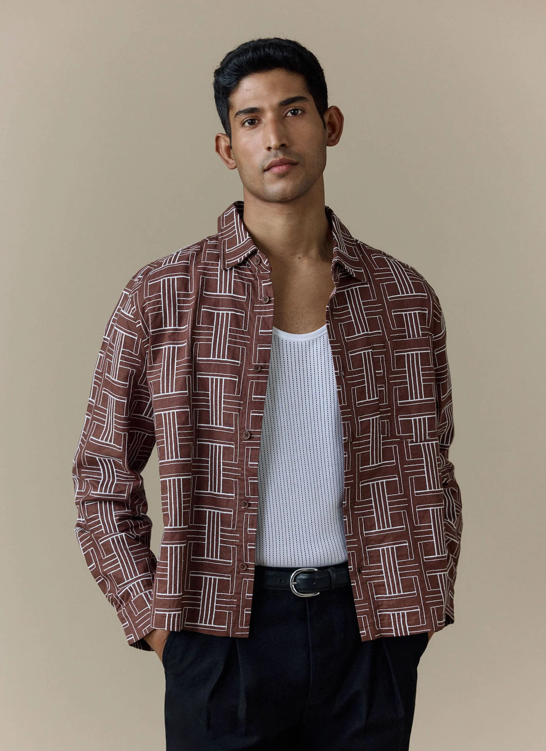 3827-sashiko-boxy-shirt-cotton-brown-1.webp Sashiko Boxy Shirt | Cotton | Brown