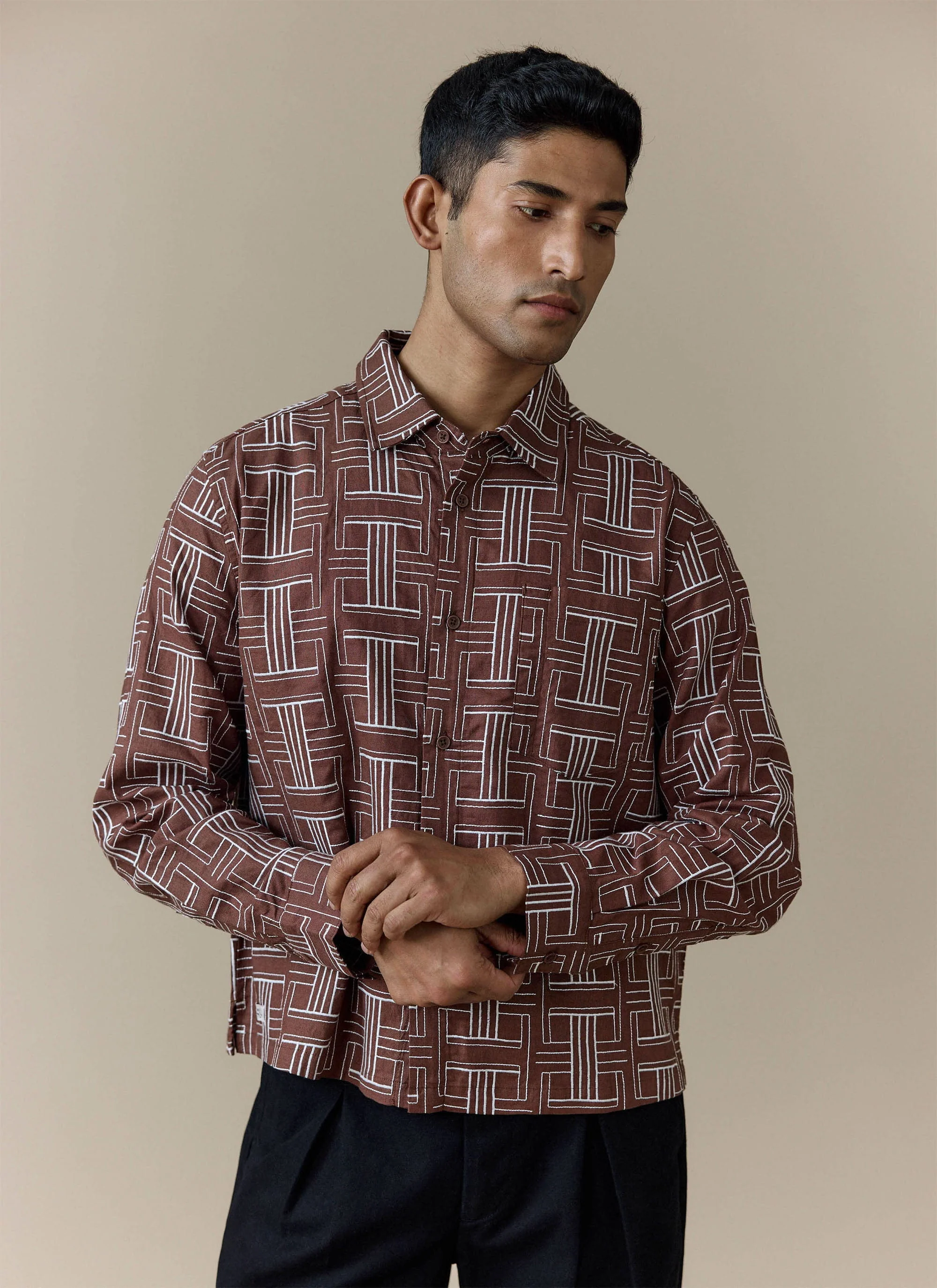 3827-sashiko-boxy-shirt-cotton-brown-4.webp Sashiko Boxy Shirt | Cotton | Brown