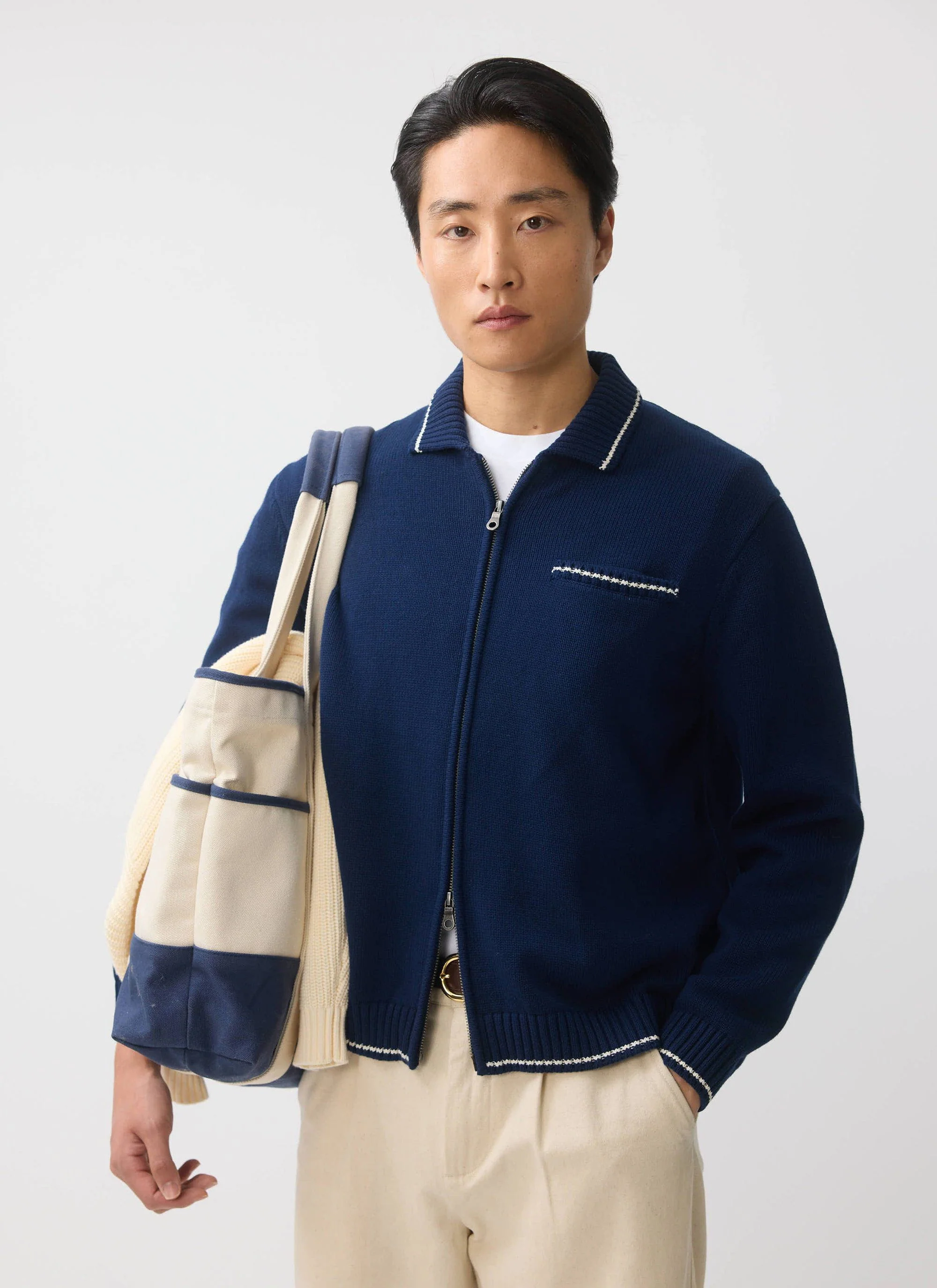 Gardner Dense Knitted Zip Cardigan | Cotton | Navy