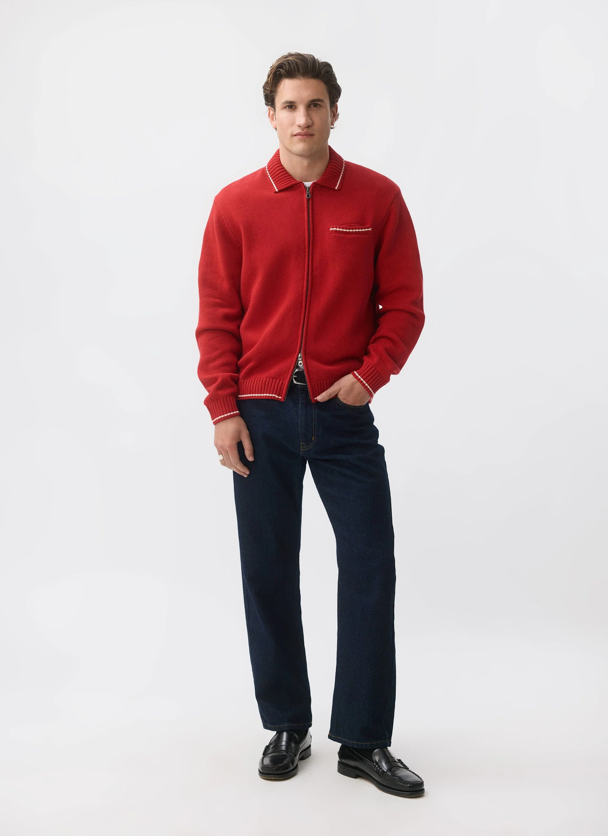 4095-gardner-dense-knitted-zip-cardigan-cotton-red-3.webp Gardner Dense Knitted Zip Cardigan | Cotton | Red