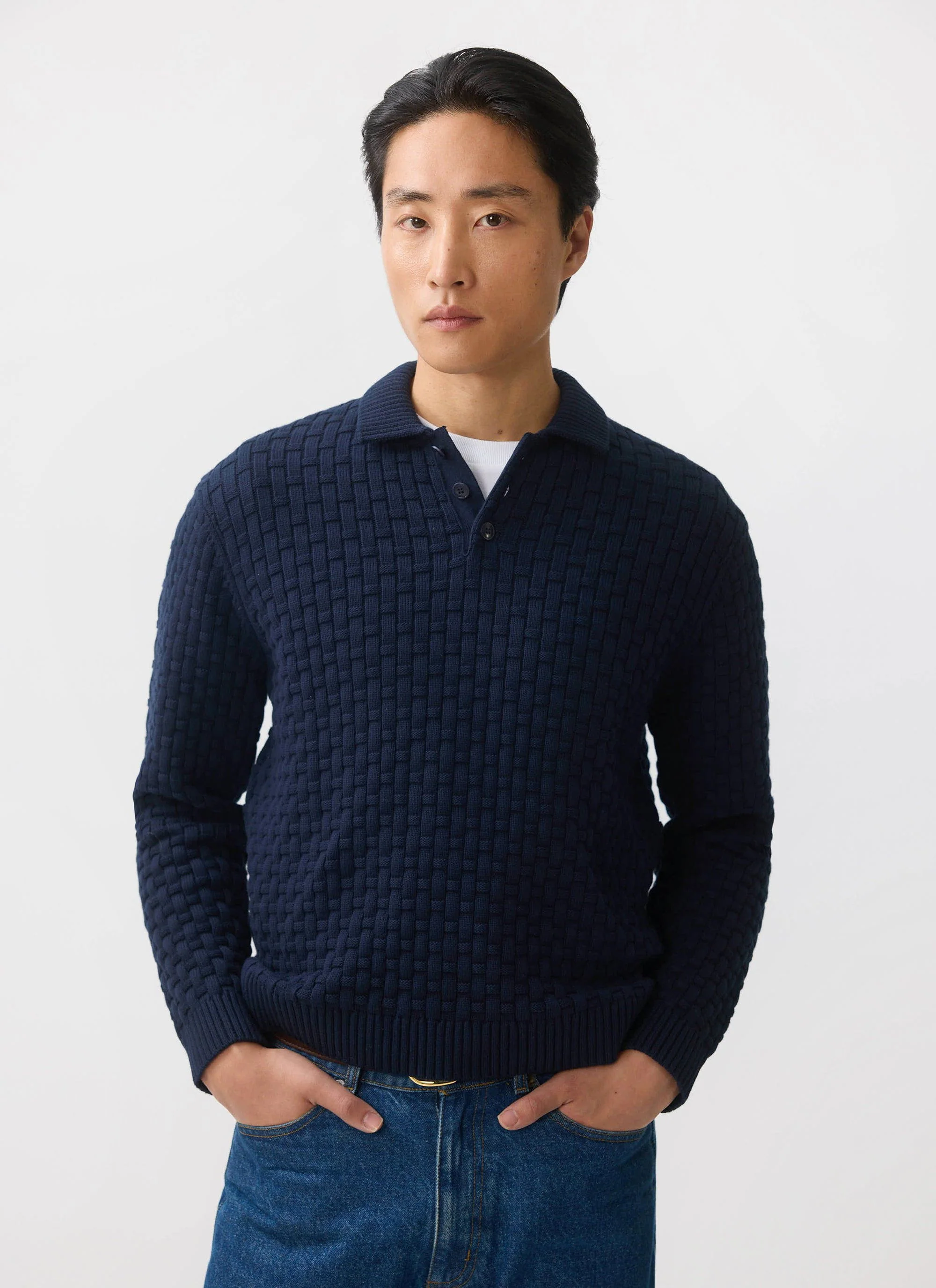 4109-archer-basketweave-long-sleeve-knitted-shirt-cotton-navy-1.webp Archer Basketweave Long Sleeve Knitted Shirt | Cotton | Navy