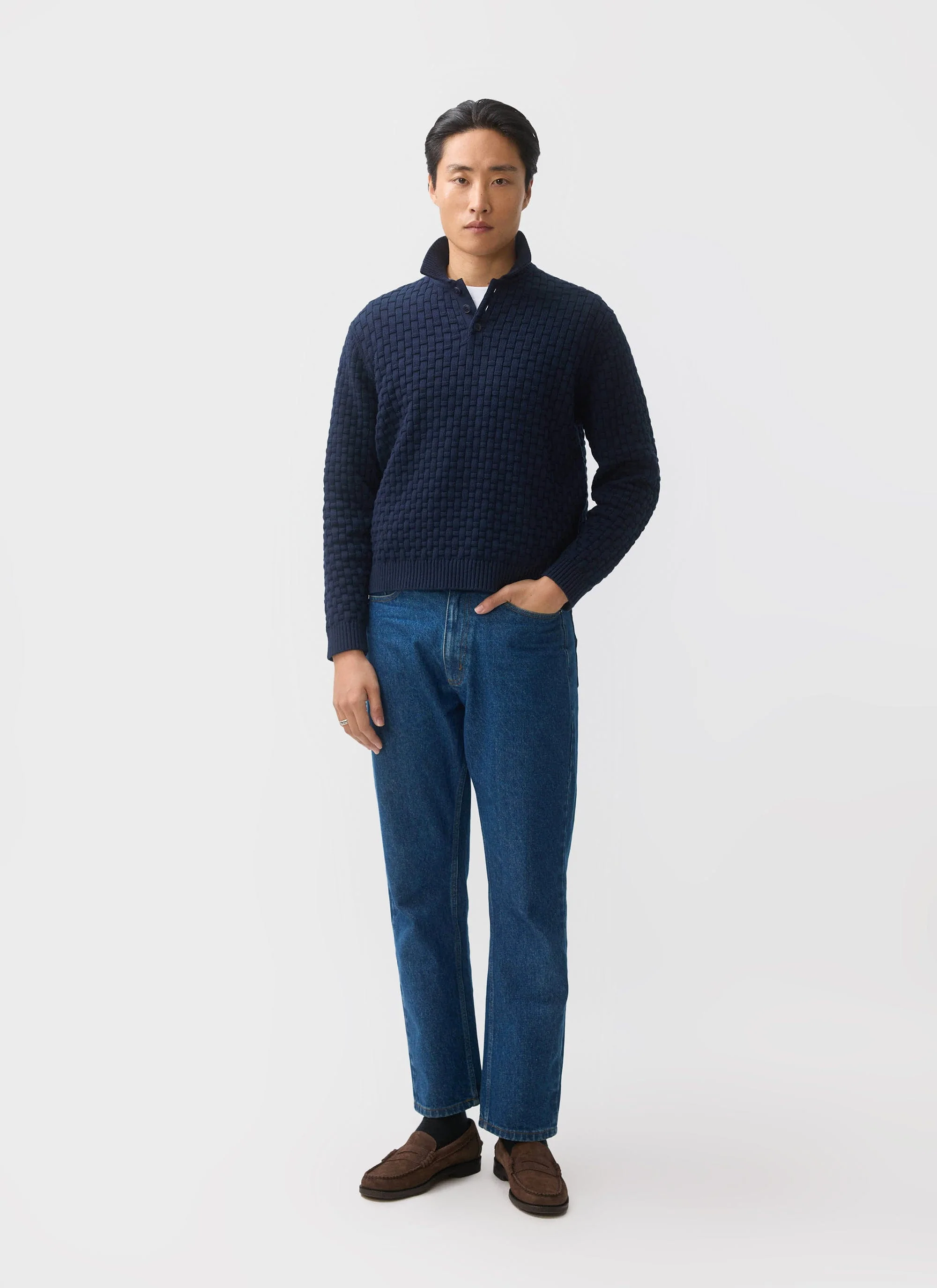 4109-archer-basketweave-long-sleeve-knitted-shirt-cotton-navy-2.webp Archer Basketweave Long Sleeve Knitted Shirt | Cotton | Navy