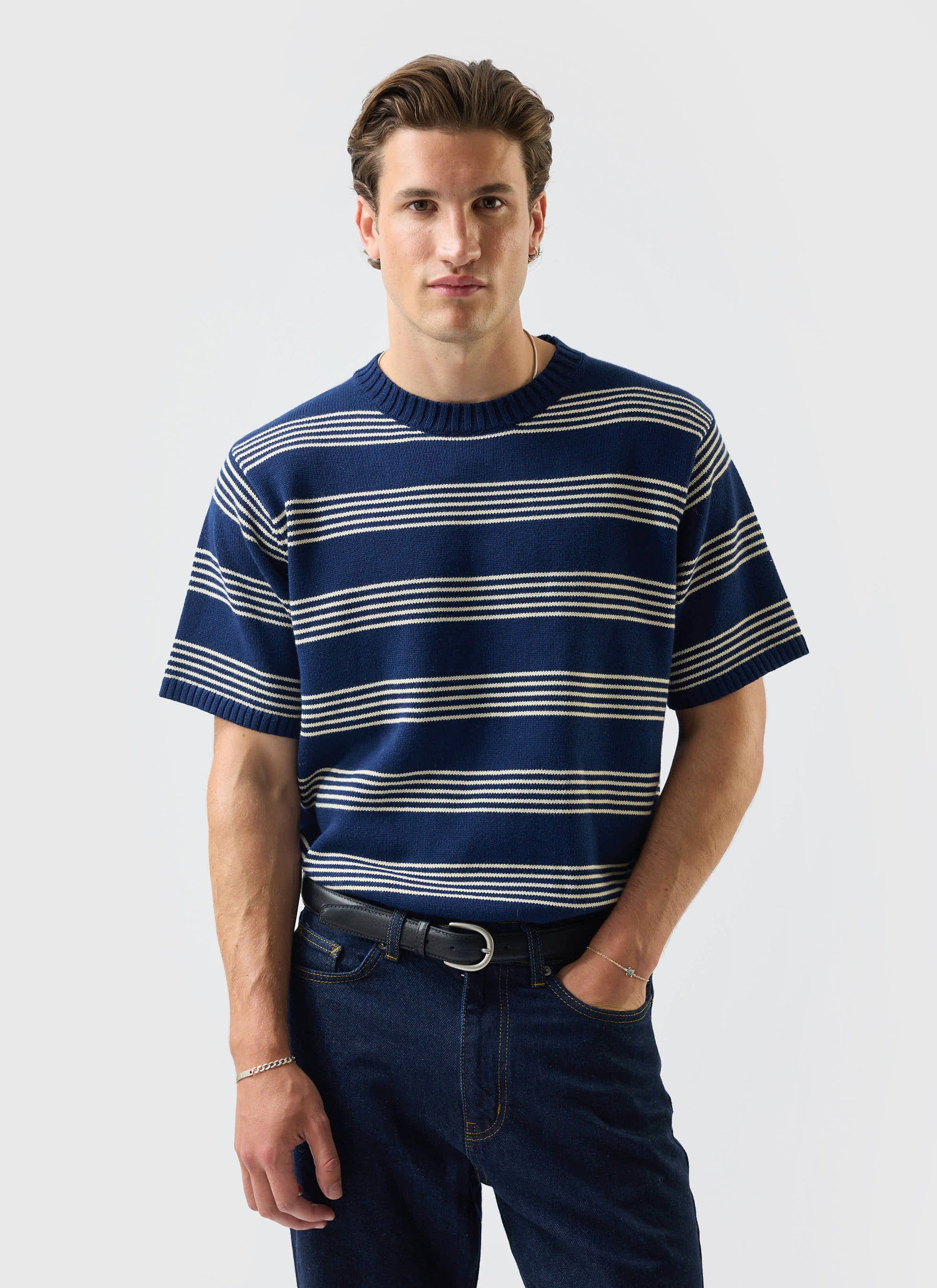 4129-fiction-striped-knitted-t-shirt-cotton-navy-1.jpg Fiction Striped Knitted T Shirt | Cotton | Navy