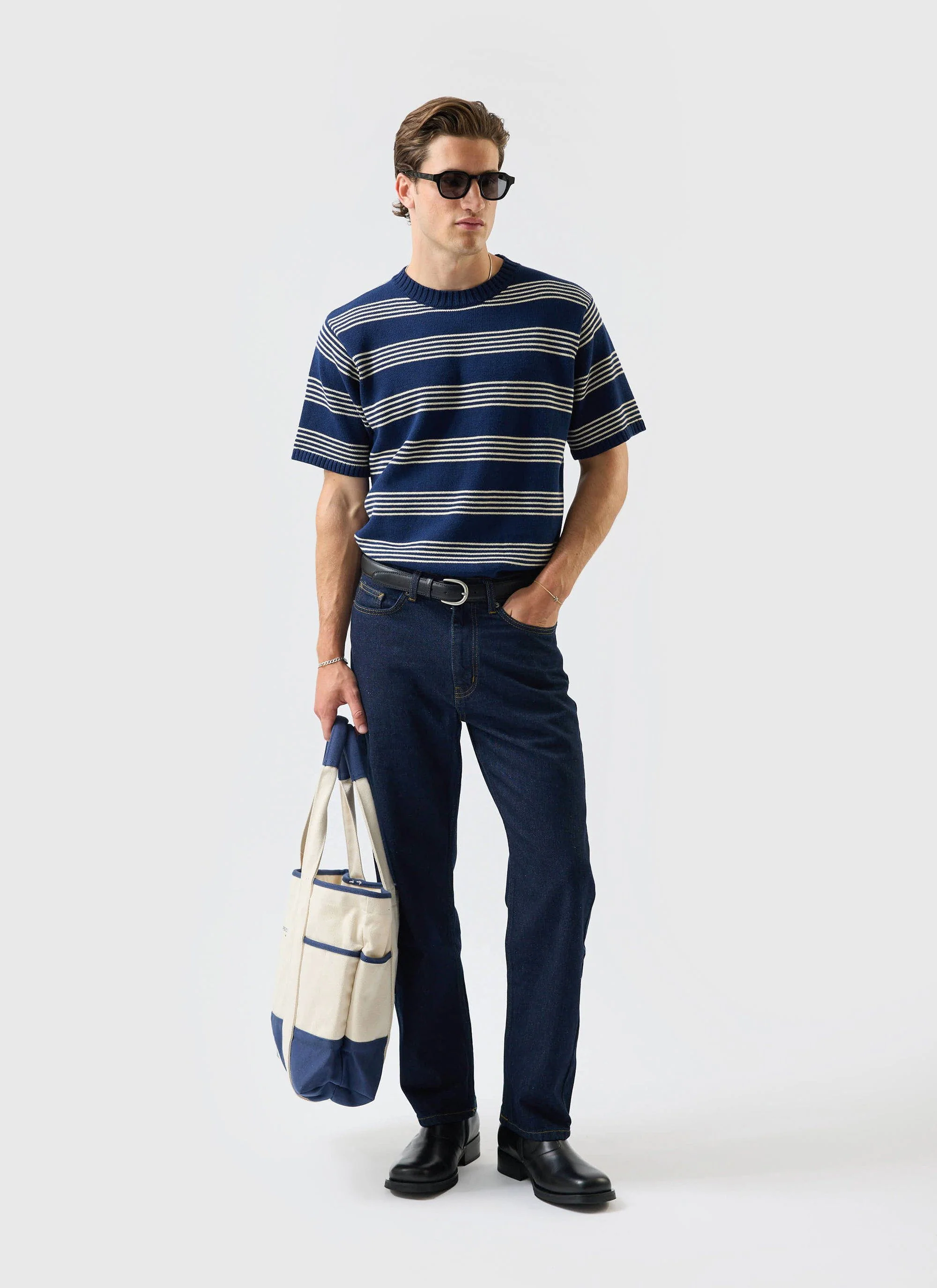 4129-fiction-striped-knitted-t-shirt-cotton-navy-2.webp Fiction Striped Knitted T Shirt | Cotton | Navy