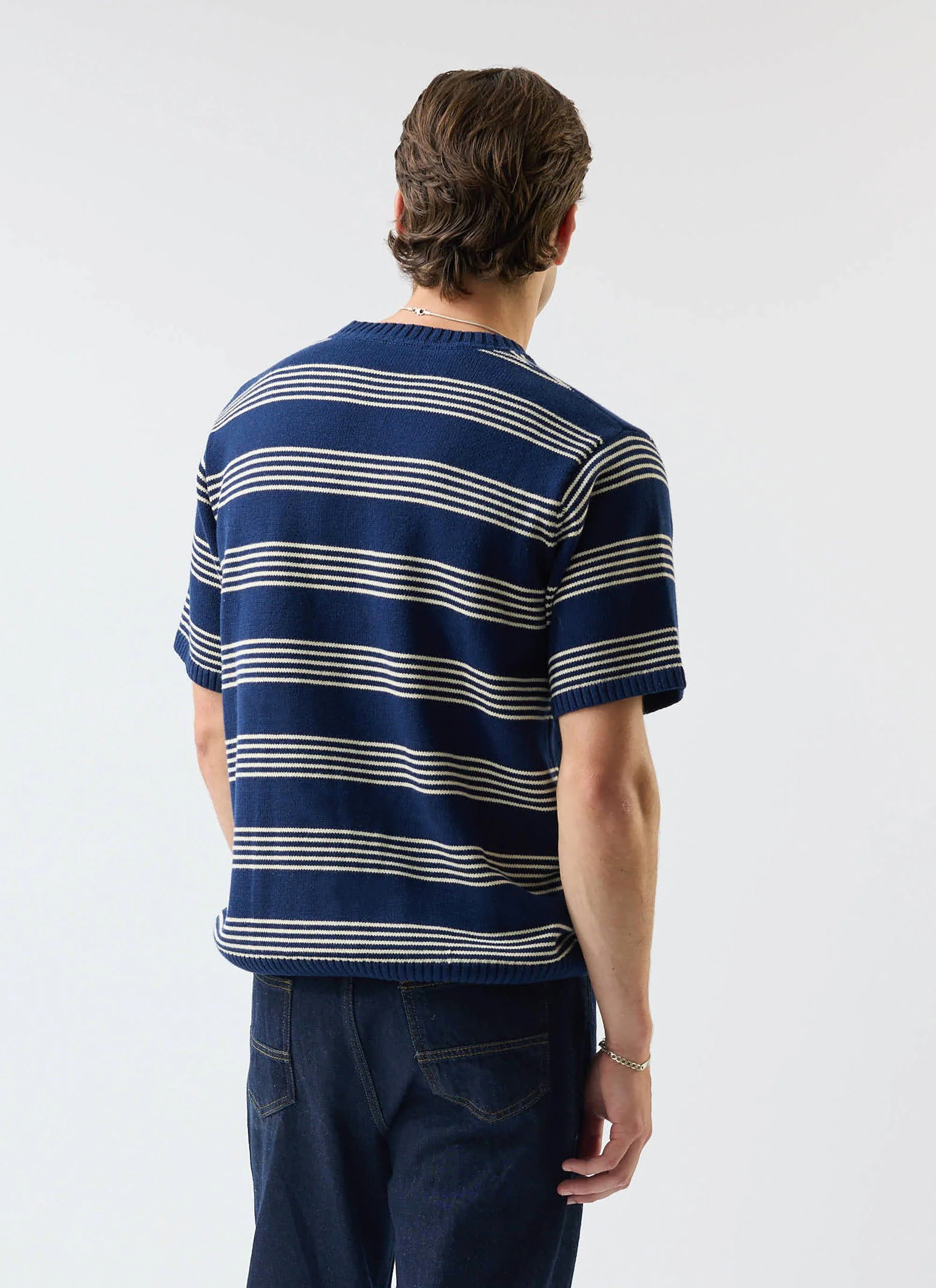4129-fiction-striped-knitted-t-shirt-cotton-navy-4.webp Fiction Striped Knitted T Shirt | Cotton | Navy