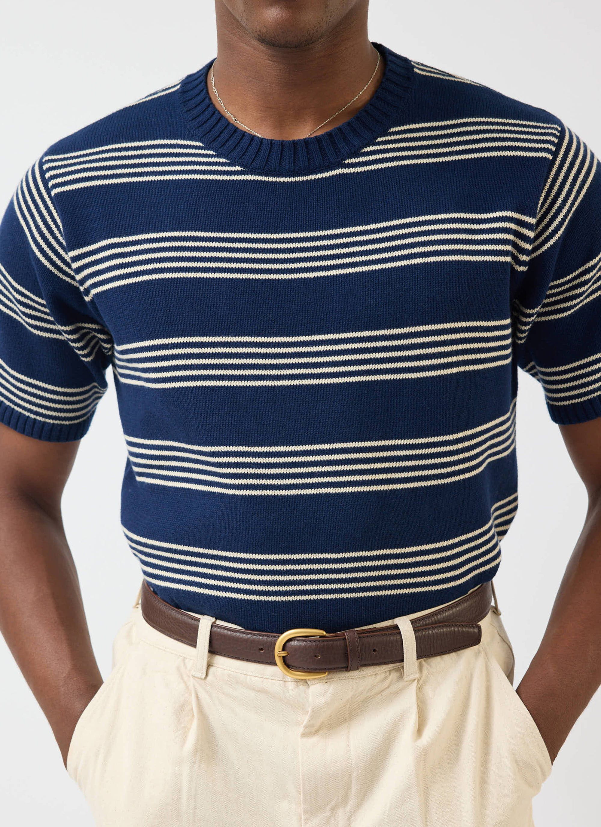 4129-fiction-striped-knitted-t-shirt-cotton-navy-7.jpg Fiction Striped Knitted T Shirt | Cotton | Navy