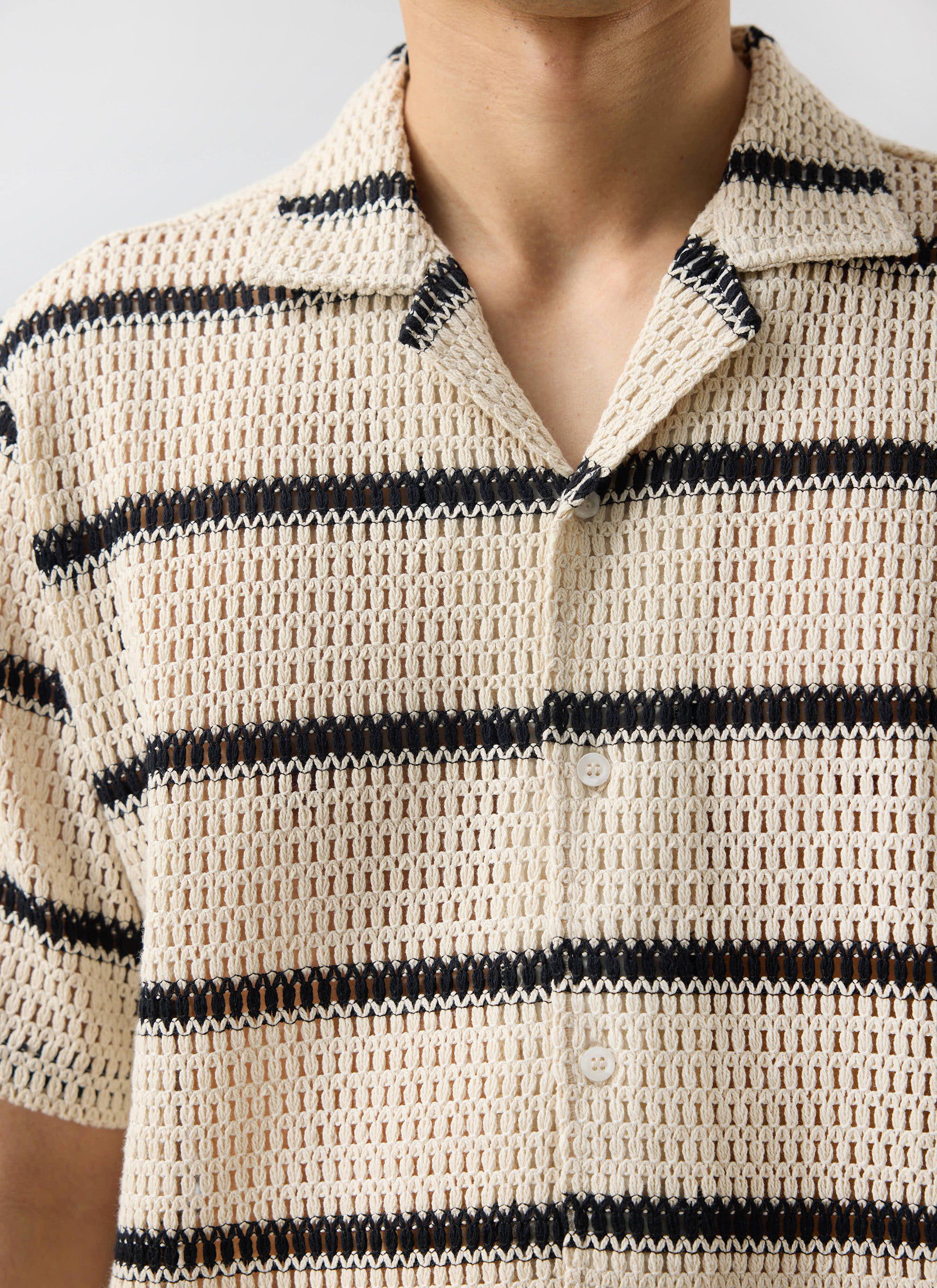 4198-crochet-groundsman-cuban-shirt-cream-with-black-2.jpg Crochet Groundsman Cuban Shirt | Cream with Black