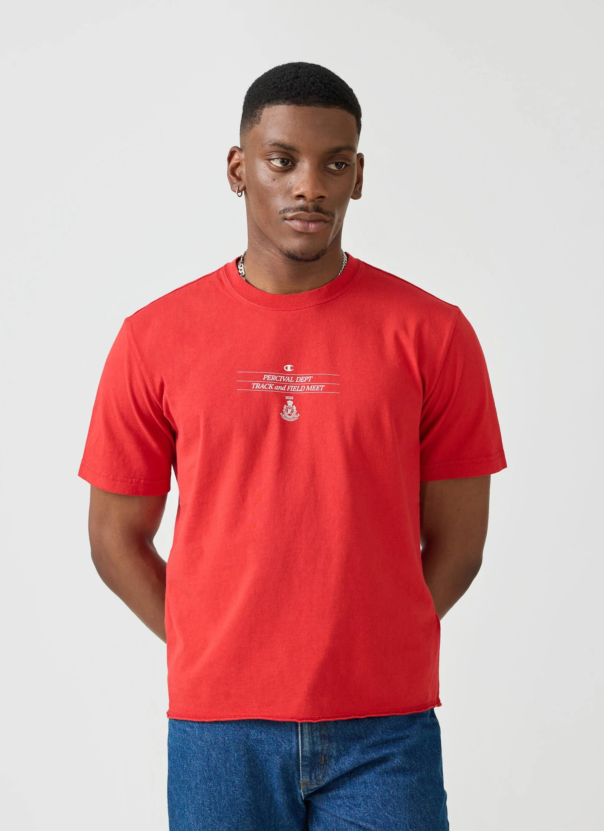 4243-track-and-field-raw-hem-t-shirt-champion-x-percival-red-1.webp Track and Field Raw Hem T Shirt | Champion x Percival | Red
