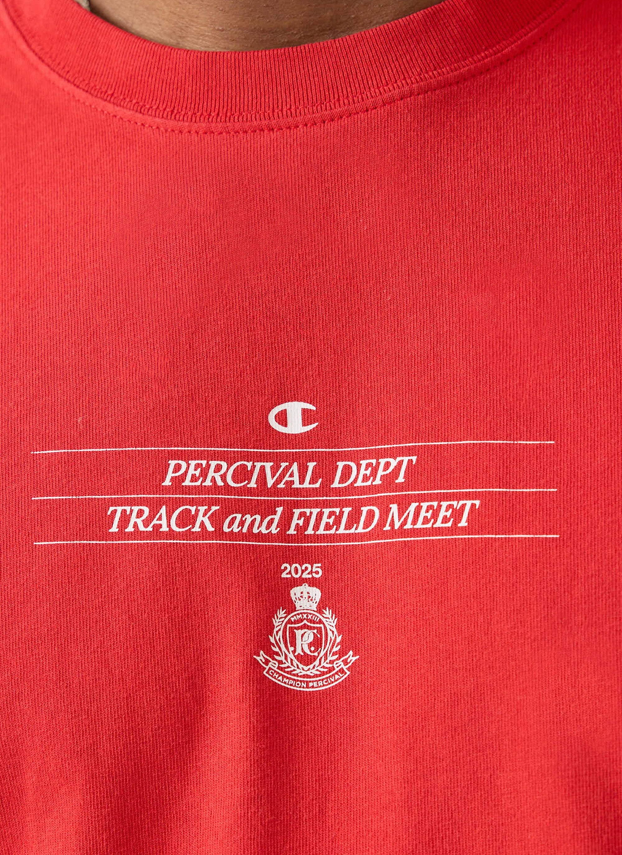 Track and Field Raw Hem T Shirt | Champion x Percival | Red