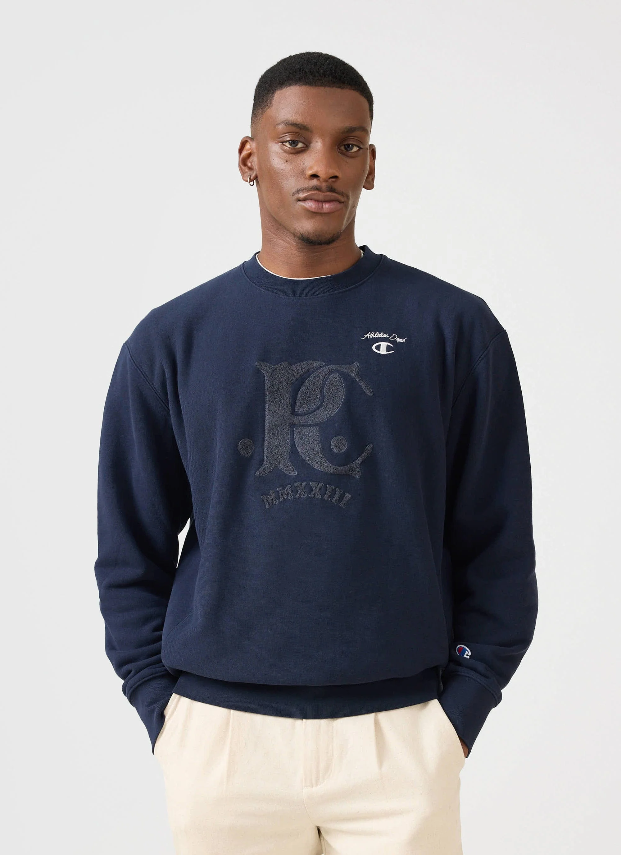 Chenille Patch Jersey Sweatshirt | Champion x Percival | Navy