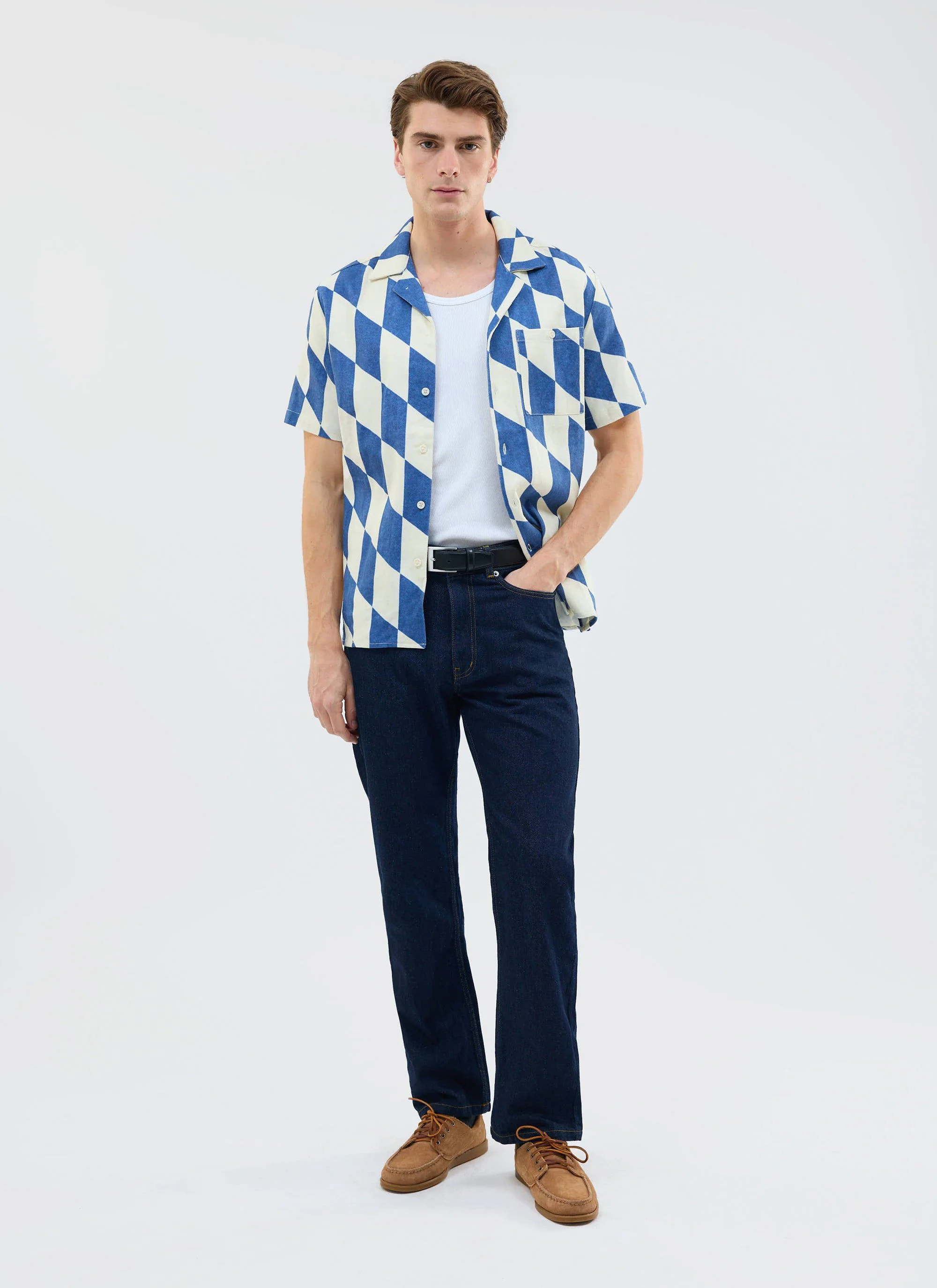 Market Diamond Cuban Shirt | Cotton | Cream with Navy