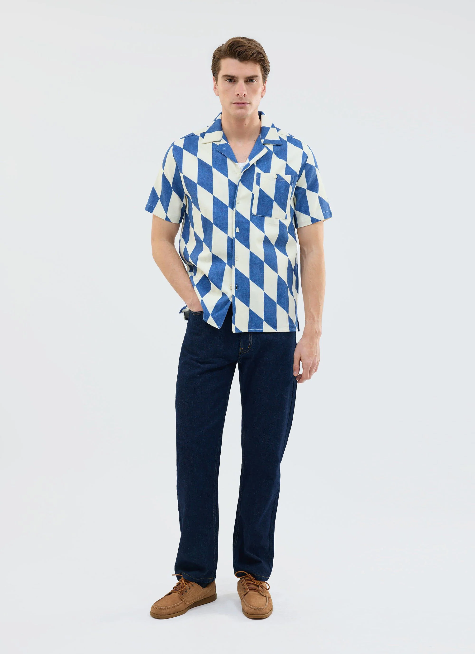 Market Diamond Cuban Shirt | Cotton | Cream with Navy