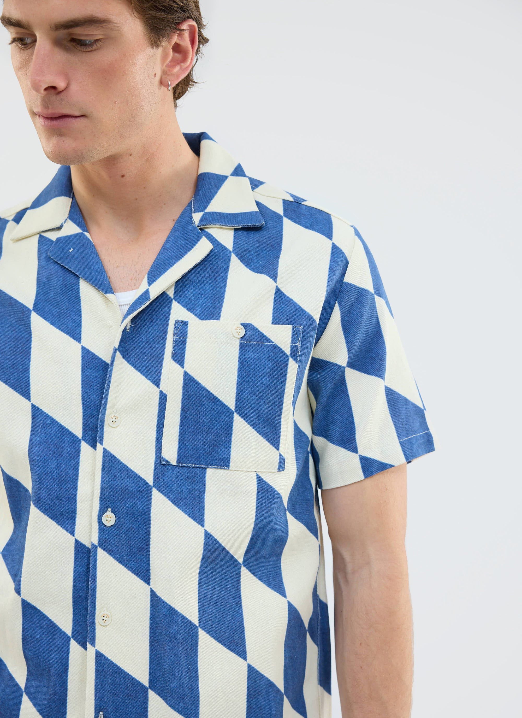 Market Diamond Cuban Shirt | Cotton | Cream with Navy