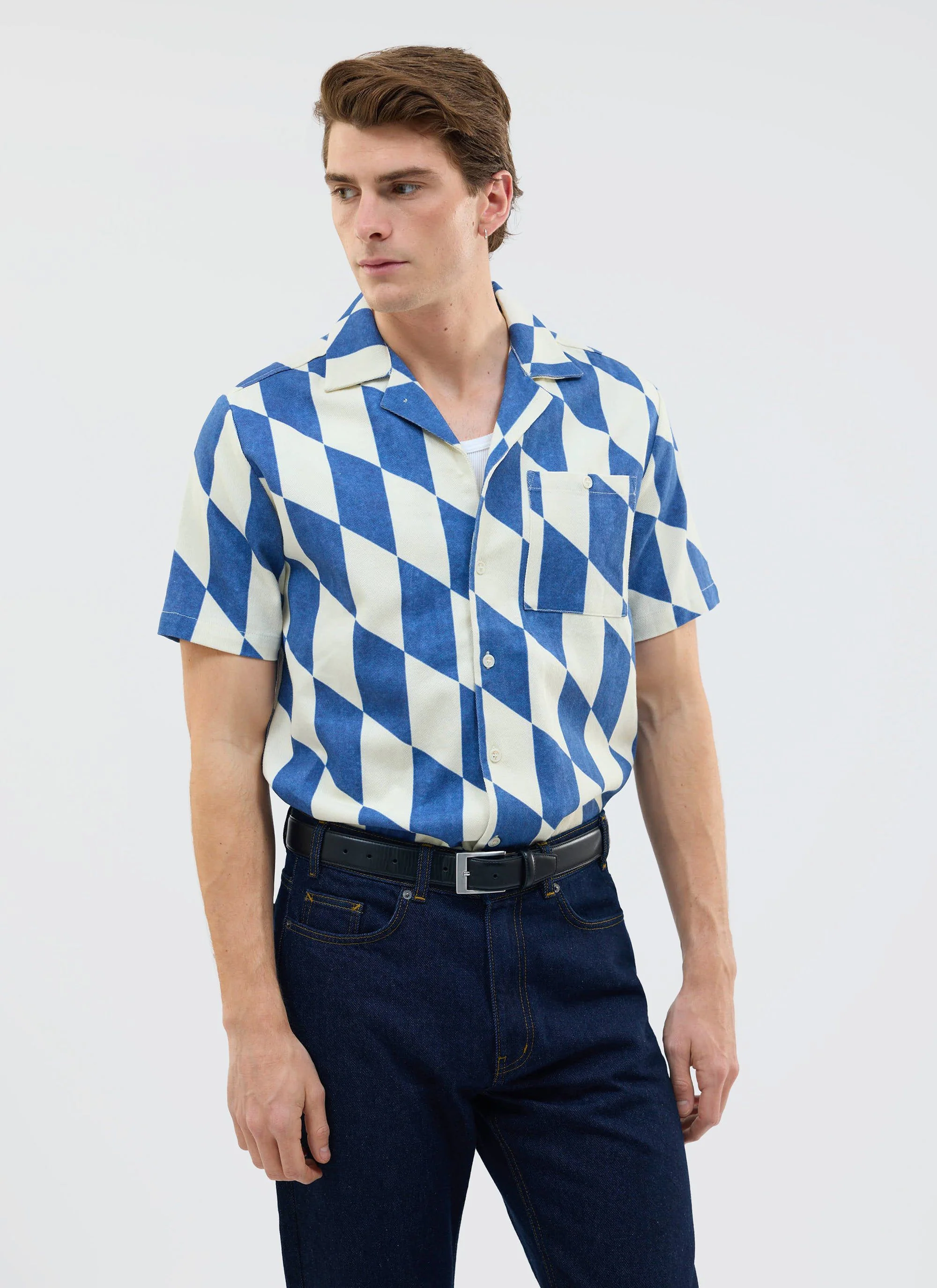 Market Diamond Cuban Shirt | Cotton | Cream with Navy