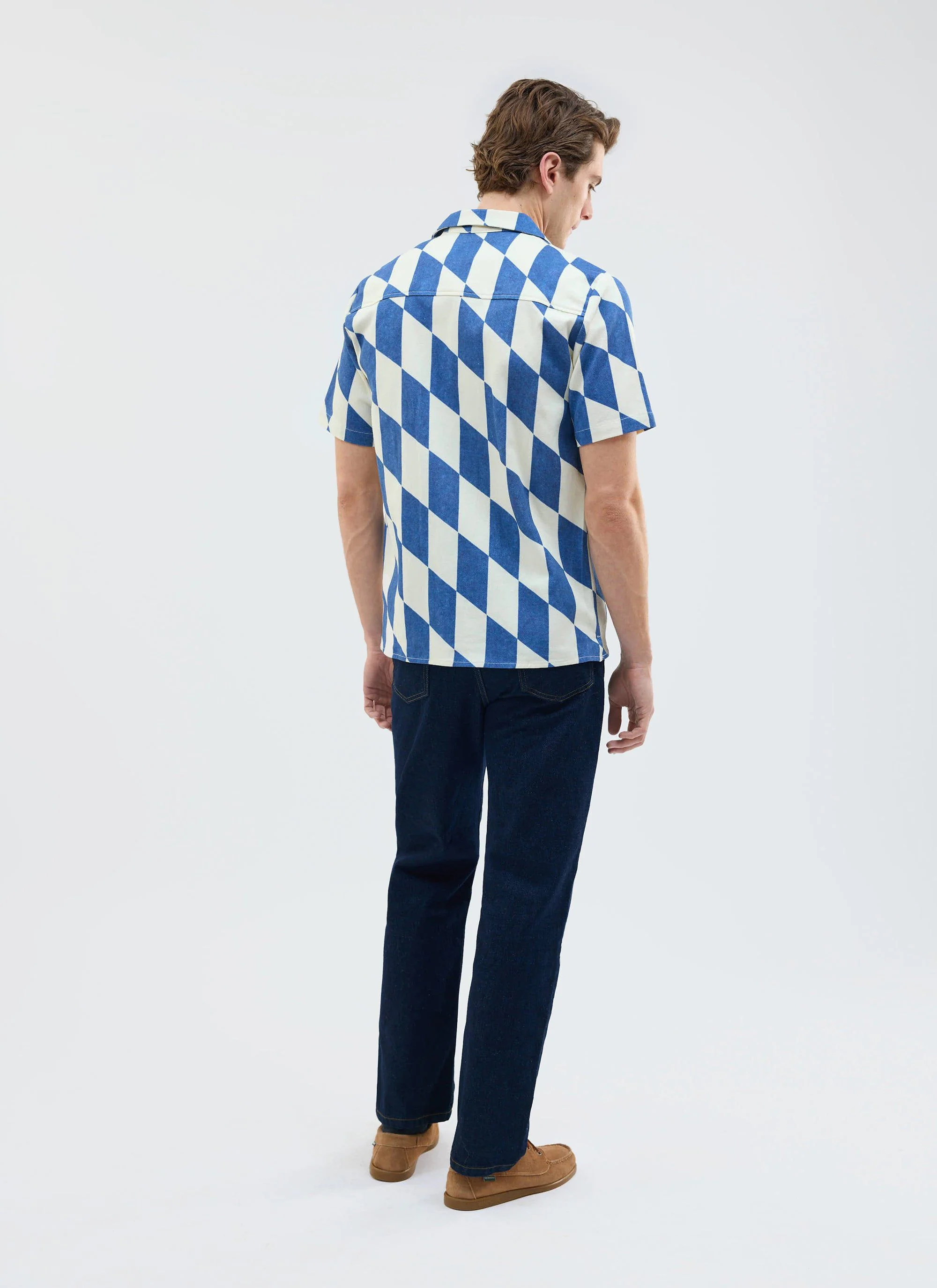 Market Diamond Cuban Shirt | Cotton | Cream with Navy