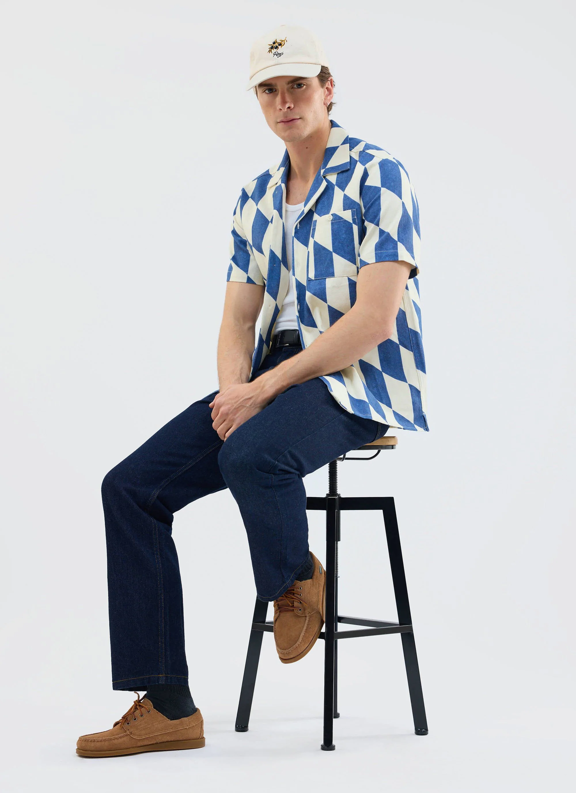 Market Diamond Cuban Shirt | Cotton | Cream with Navy