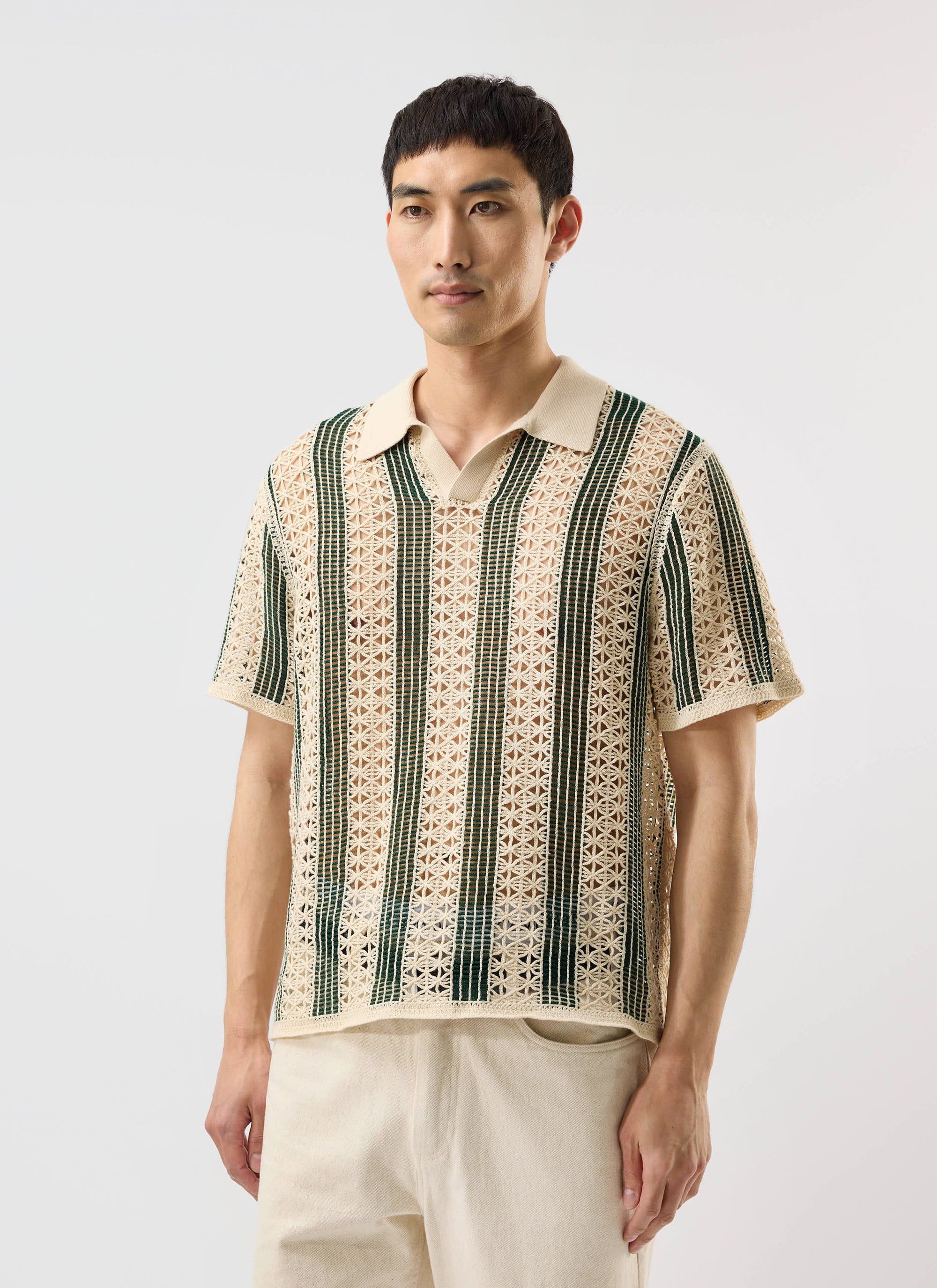 Sarti Knitted Polo Shirt | Cotton | Cream with Forest