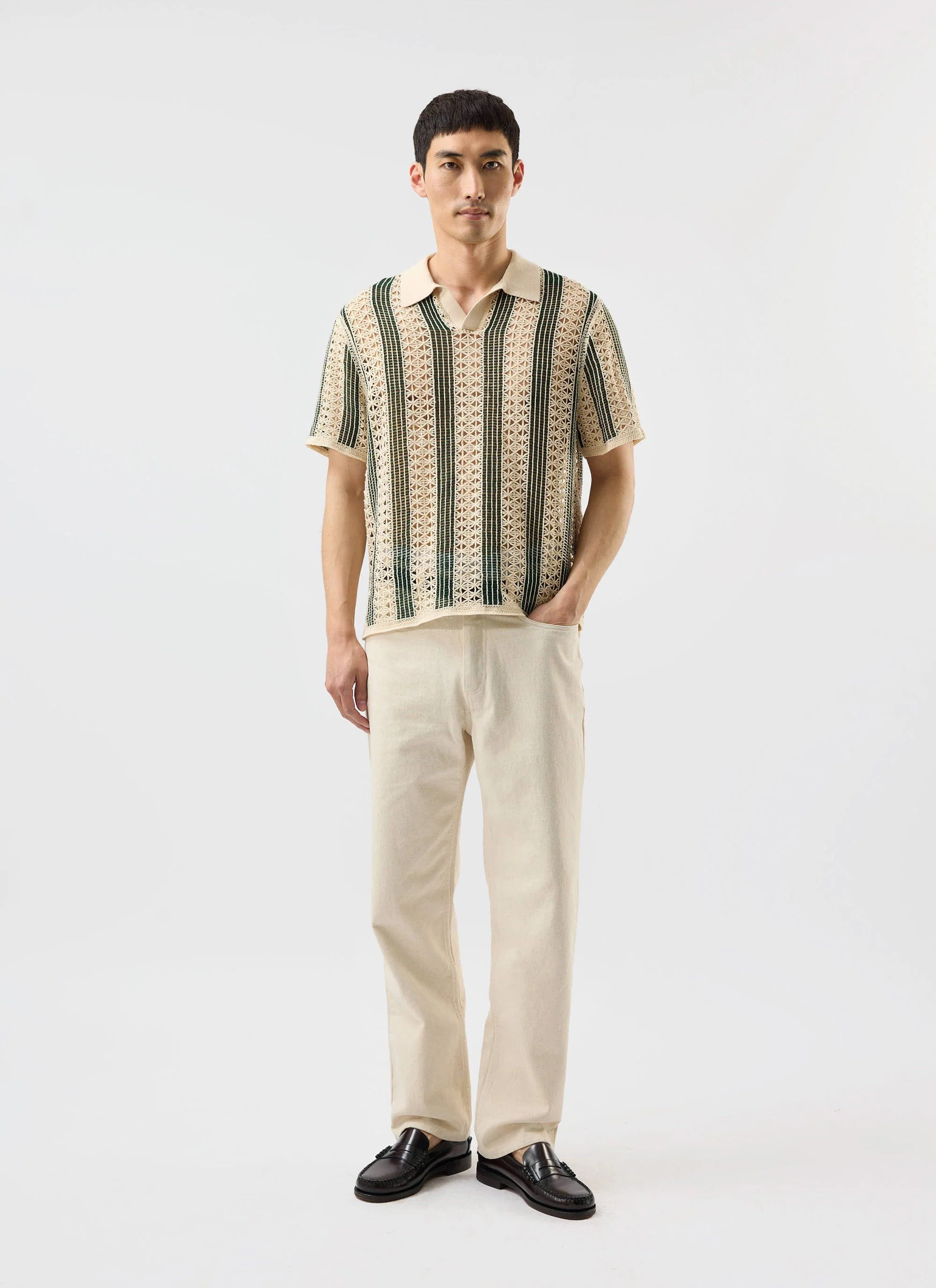 Sarti Knitted Polo Shirt | Cotton | Cream with Forest