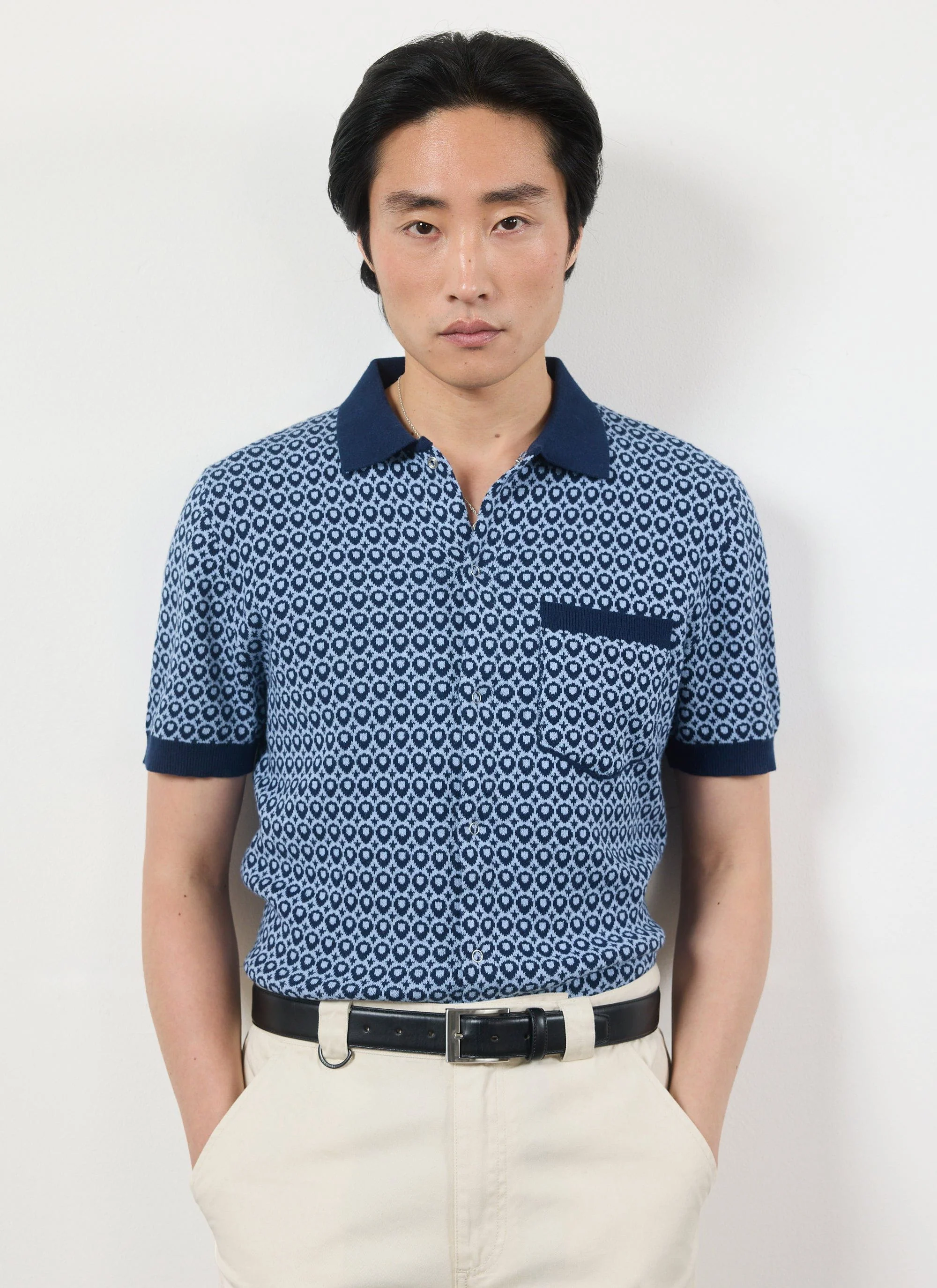 Casa Piccante Shirt | Knitted Cotton | Blue Jacquard