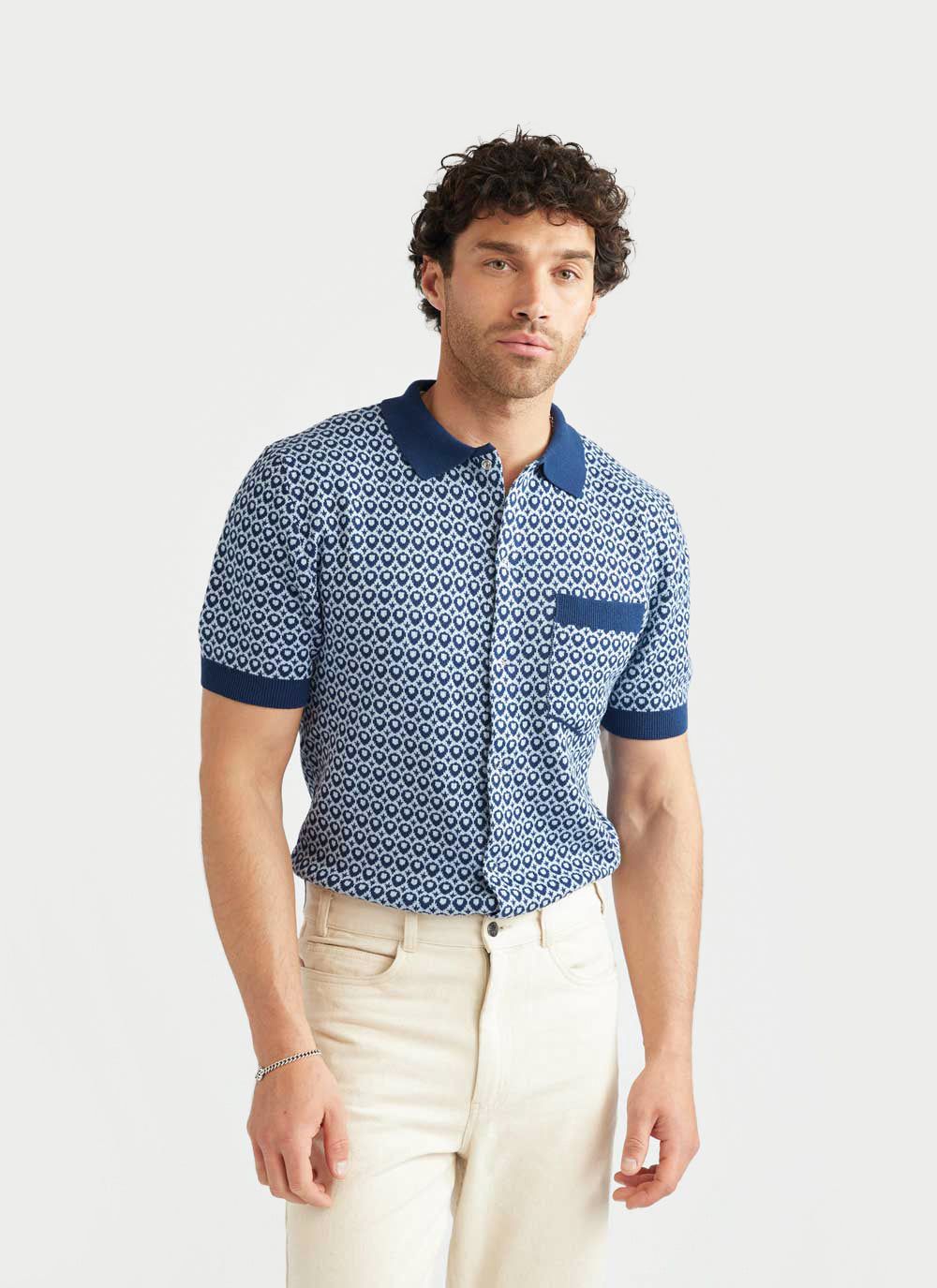 Casa Piccante Shirt | Knitted Cotton | Blue Jacquard