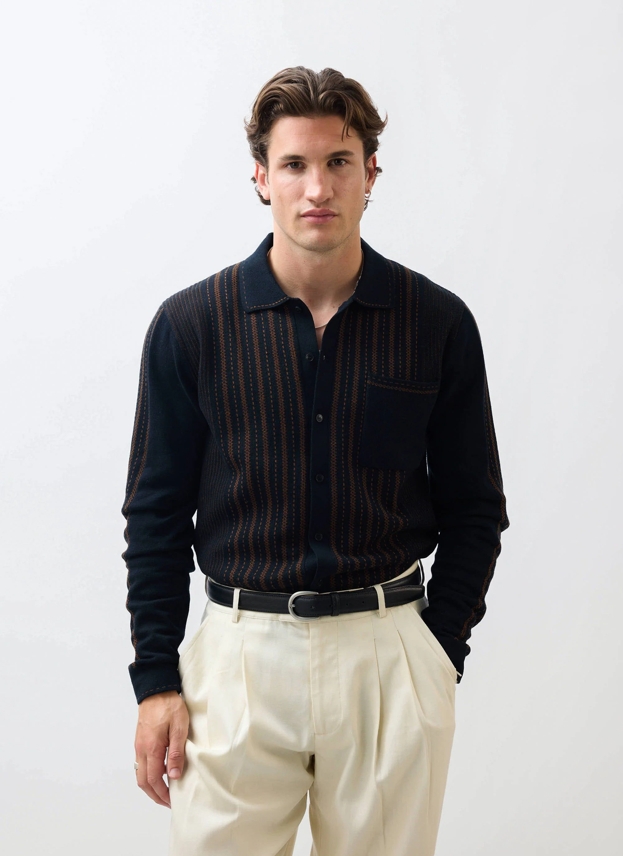 4730-appendix-long-sleeve-knitted-shirt-cotton-black-with-brown-1.webp Appendix Long Sleeve Knitted Shirt | Cotton | Black with Brown