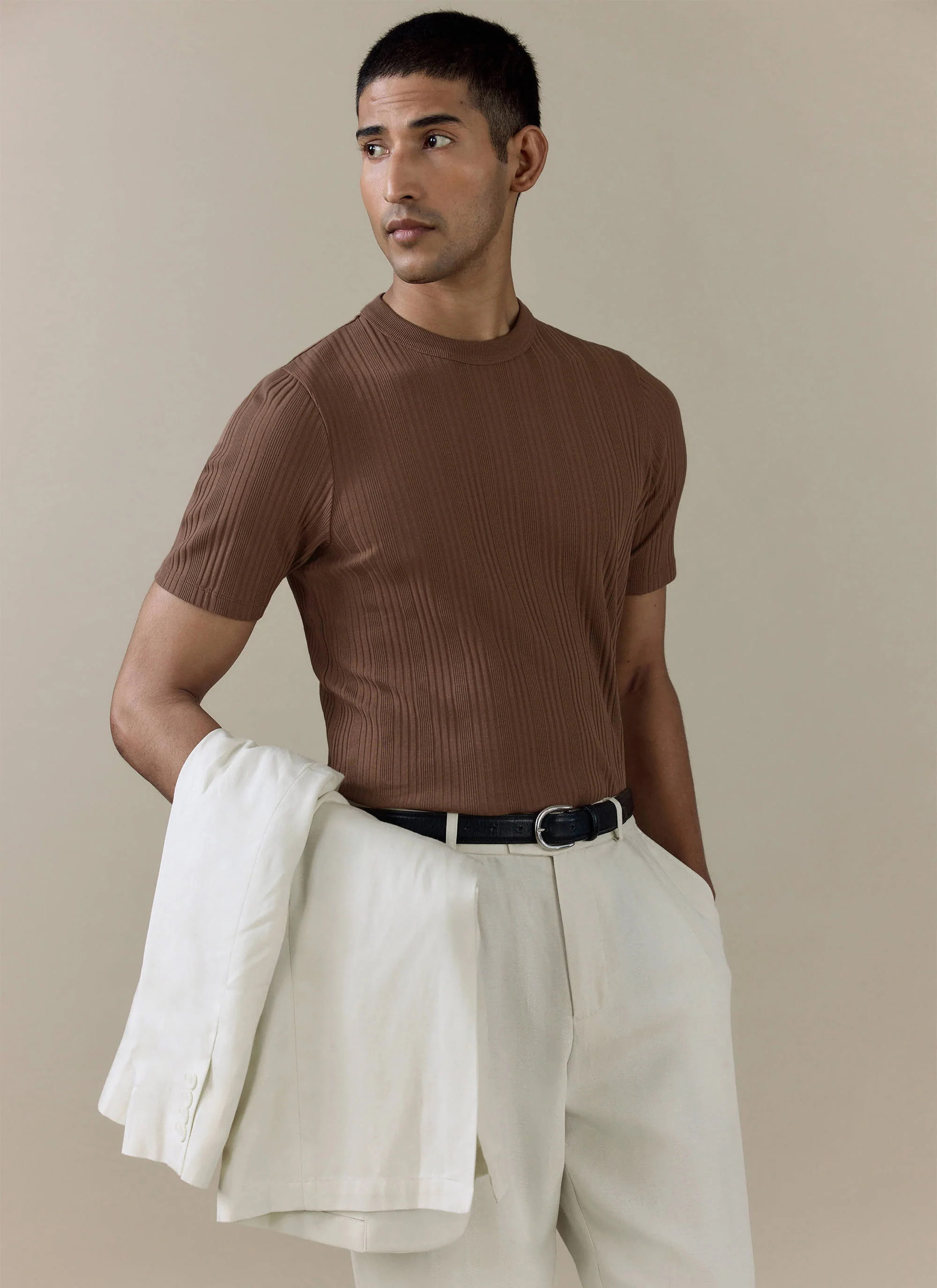 539-leon-slim-ribbed-t-shirt-cotton-brown-1.webp Leon Slim Ribbed T Shirt | Cotton | Brown