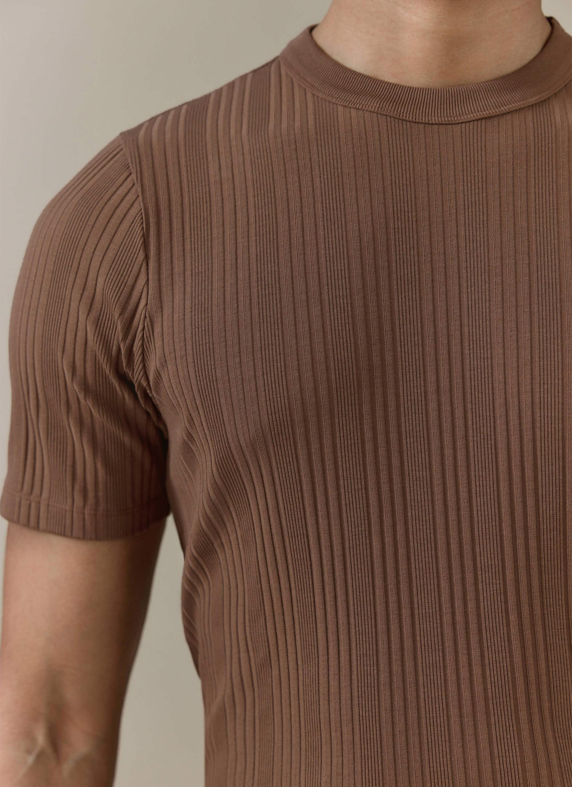 539-leon-slim-ribbed-t-shirt-cotton-brown-3.jpg Leon Slim Ribbed T Shirt | Cotton | Brown
